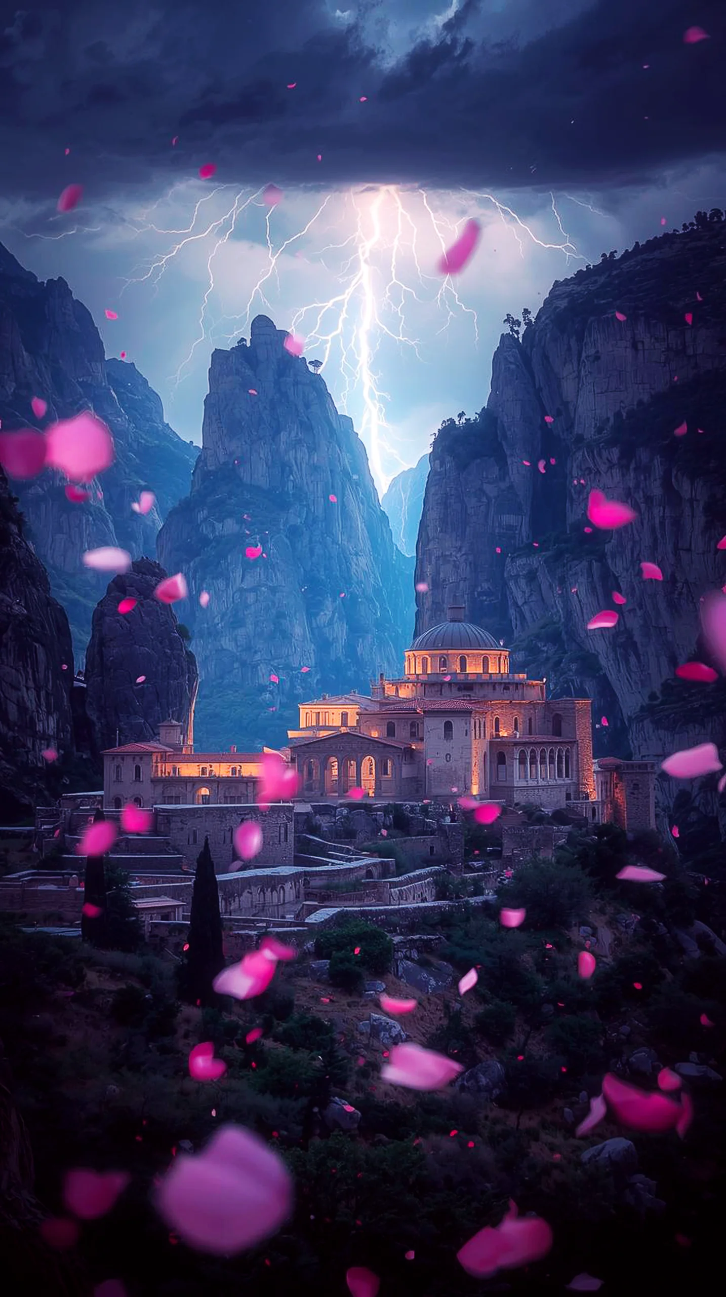 iPhone wallpaper 4K featuring a dramatic lightning strike over an ancient temple, with pink petals falling. 4K
