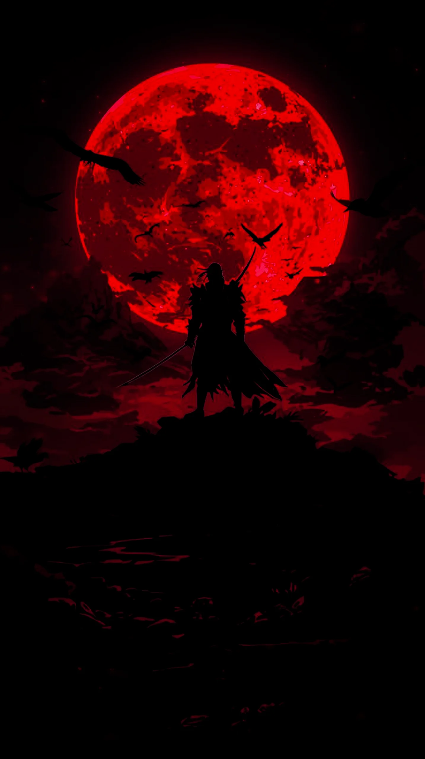 dark samurai standing before red moon wallpaper for phone 4k