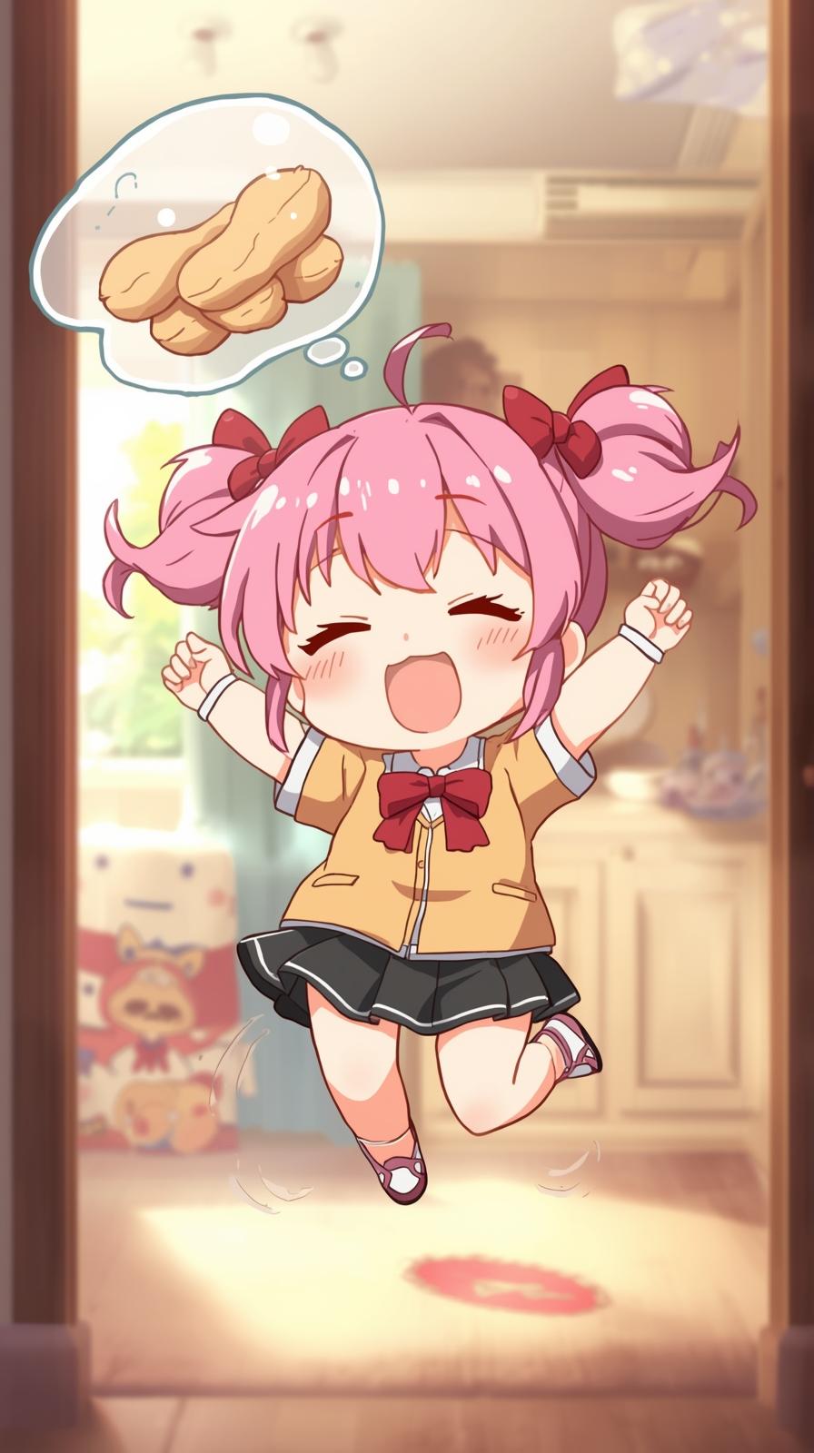 wallpaper for phone cute – Adorable chibi anime girl with pink pigtails jumping for joy in a sunlit living room with a thought bubble of a peanut.