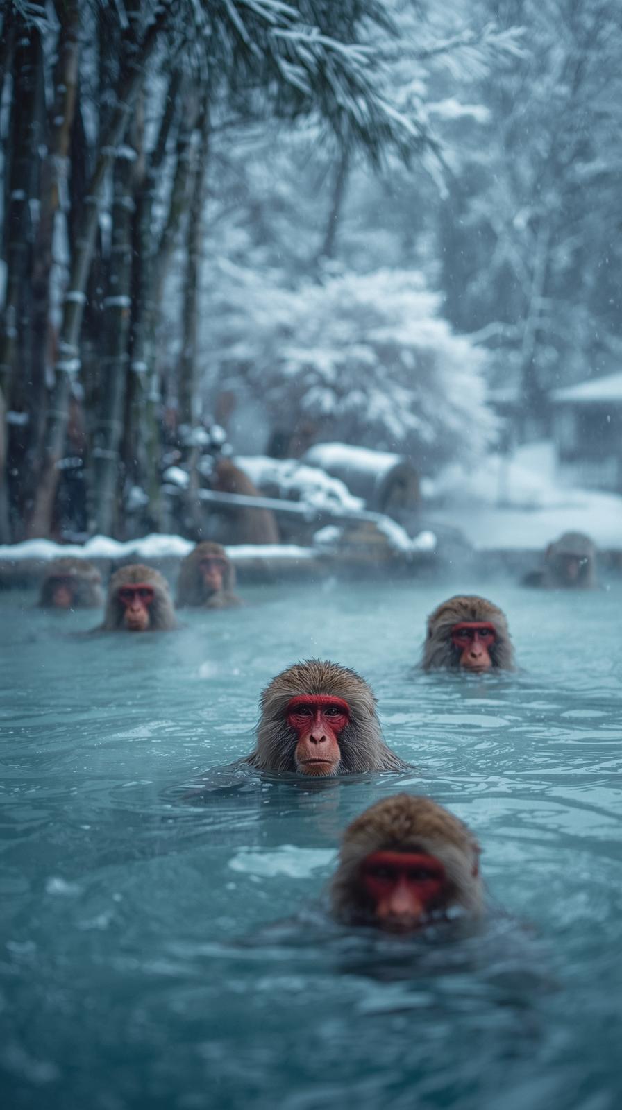 Japanese snow monkeys relaxing in a thermal hot spring surrounded by winter snow as an iPhone wallpaper 4K.