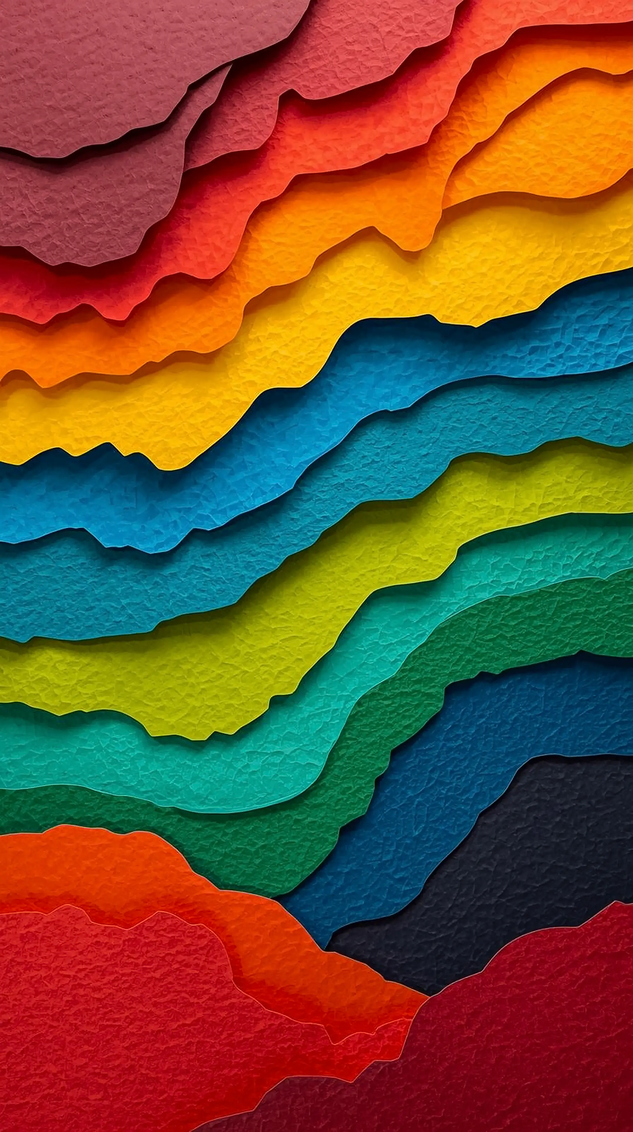 4k wallpaper for mobile Vibrant Rainbow Layered Paper Waves, Colorful Abstract 3D Origami Texture in Red Orange Yellow G