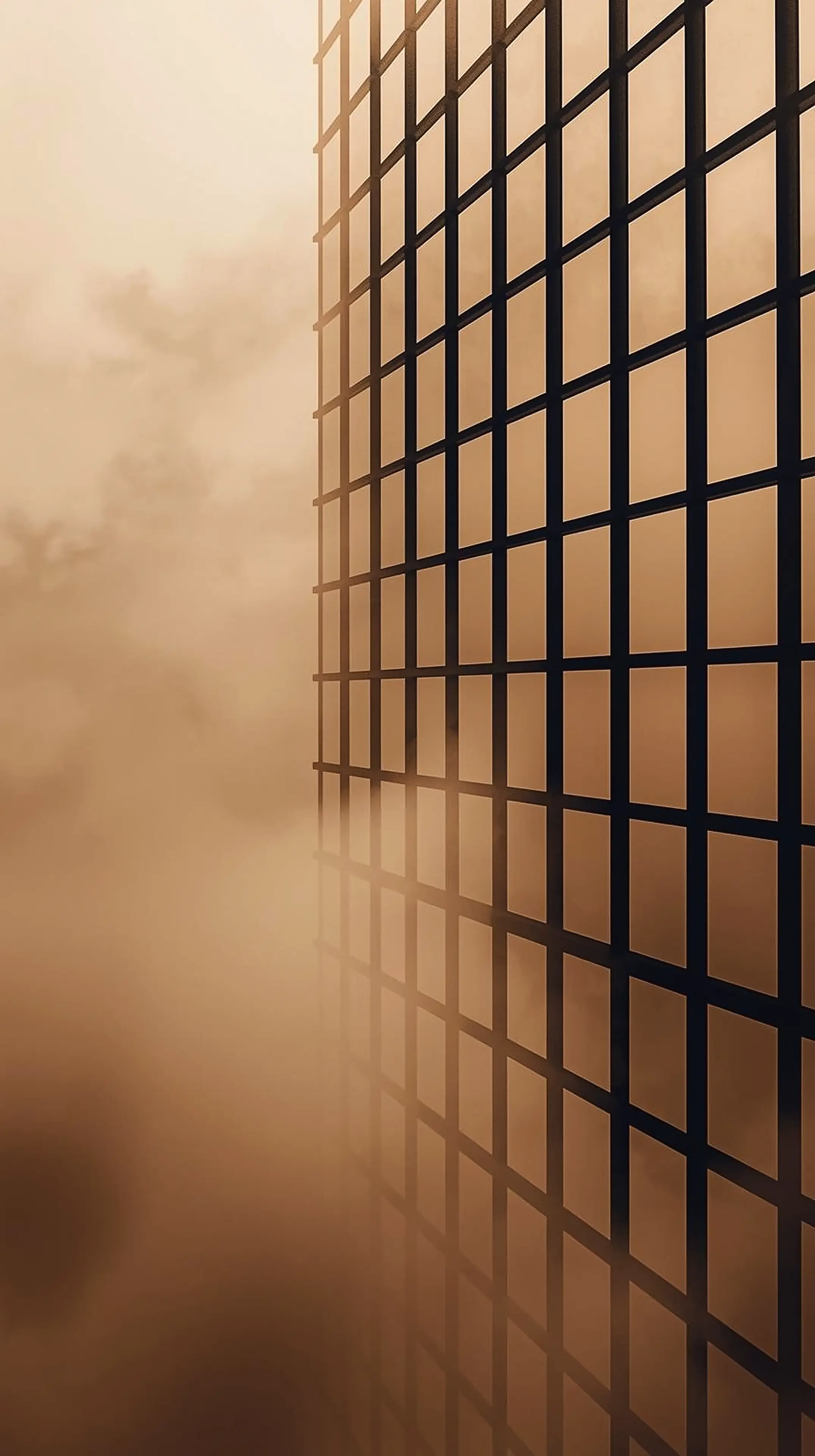 4k wallpaper for mobile Misty Skyscraper in Golden Fog, Dramatic Modern Glass Tower Silhouette with Warm Sunrise Glow &