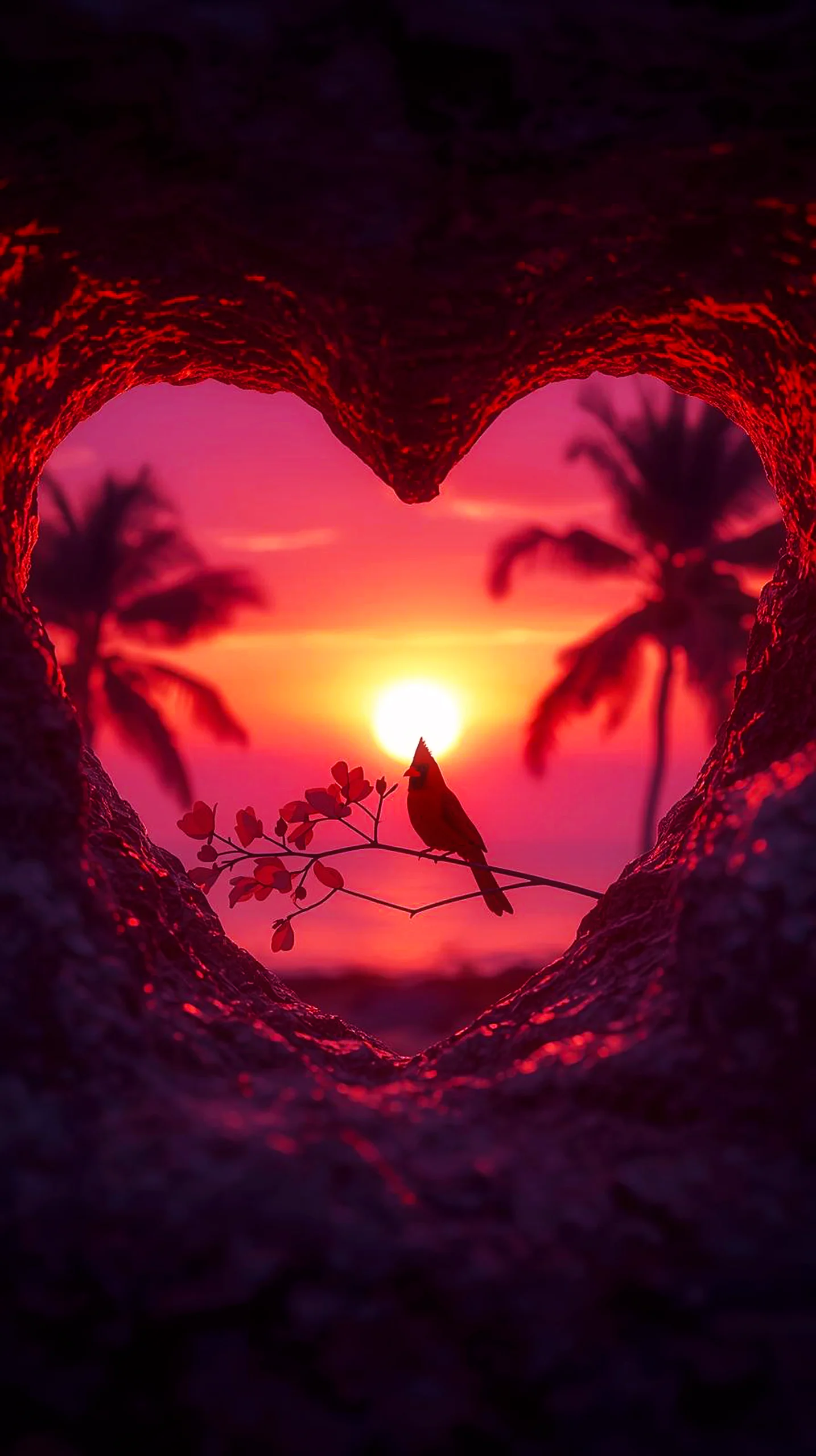 Cardinal bird at sunset through a heart frame, iphone wallpaper 4k, cute 4k wallpaper for iphone, 4k backgrounds.