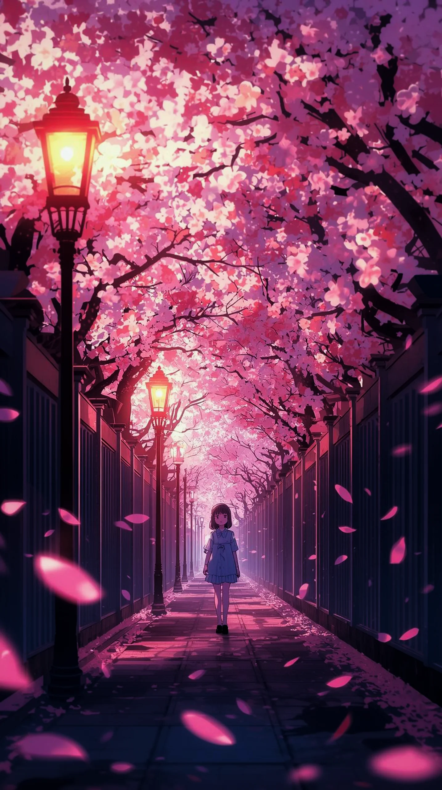 anime girl walking under pink sakura trees wallpaper for iPhone 4K