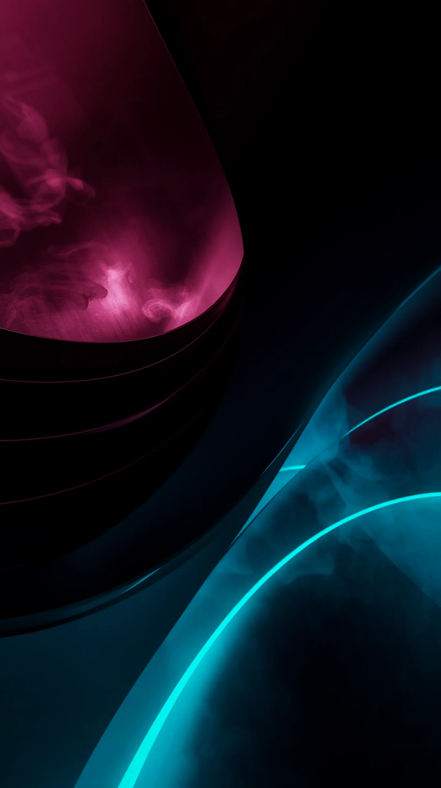 Dark AMOLED wallpaper featuring glowing pink and blue smoke effects for a modern mobile phone background.