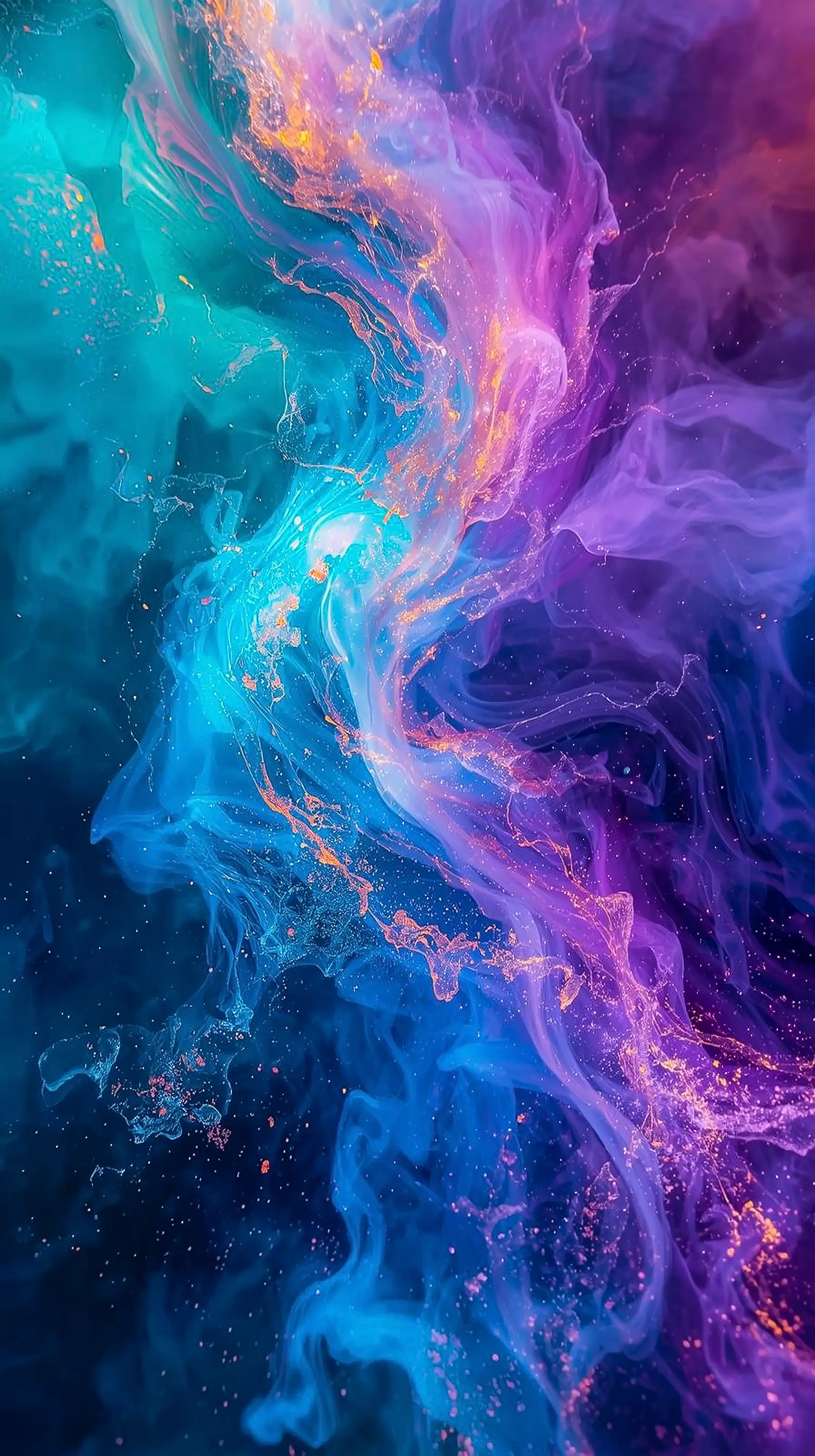 4k wallpaper for mobile Vibrant Teal Purple Fluid Marble Swirls, Psychedelic Iridescent Ink Flow with Golden Orange Sparkles on Deep Blue Background