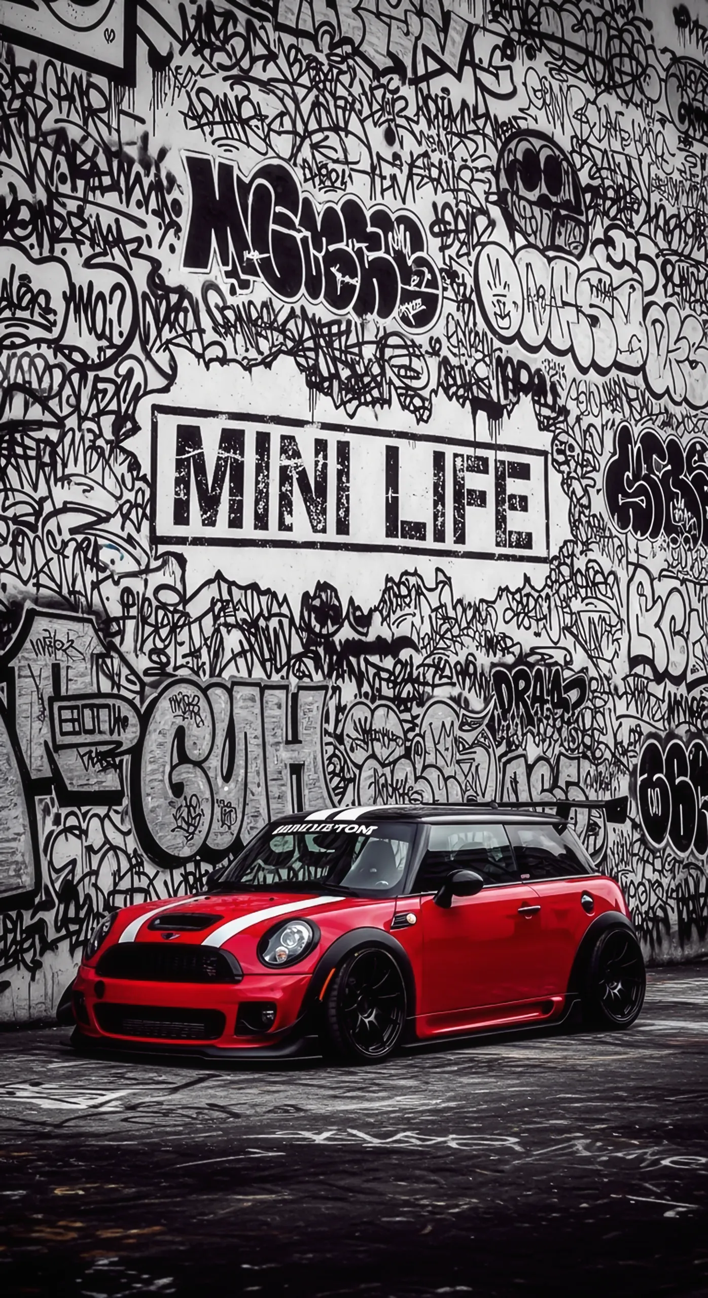 Red Mini Cooper car iPhone wallpaper against graffiti wall. Car wallpaper 4k for mobile, car wallpaper4k for mobile for