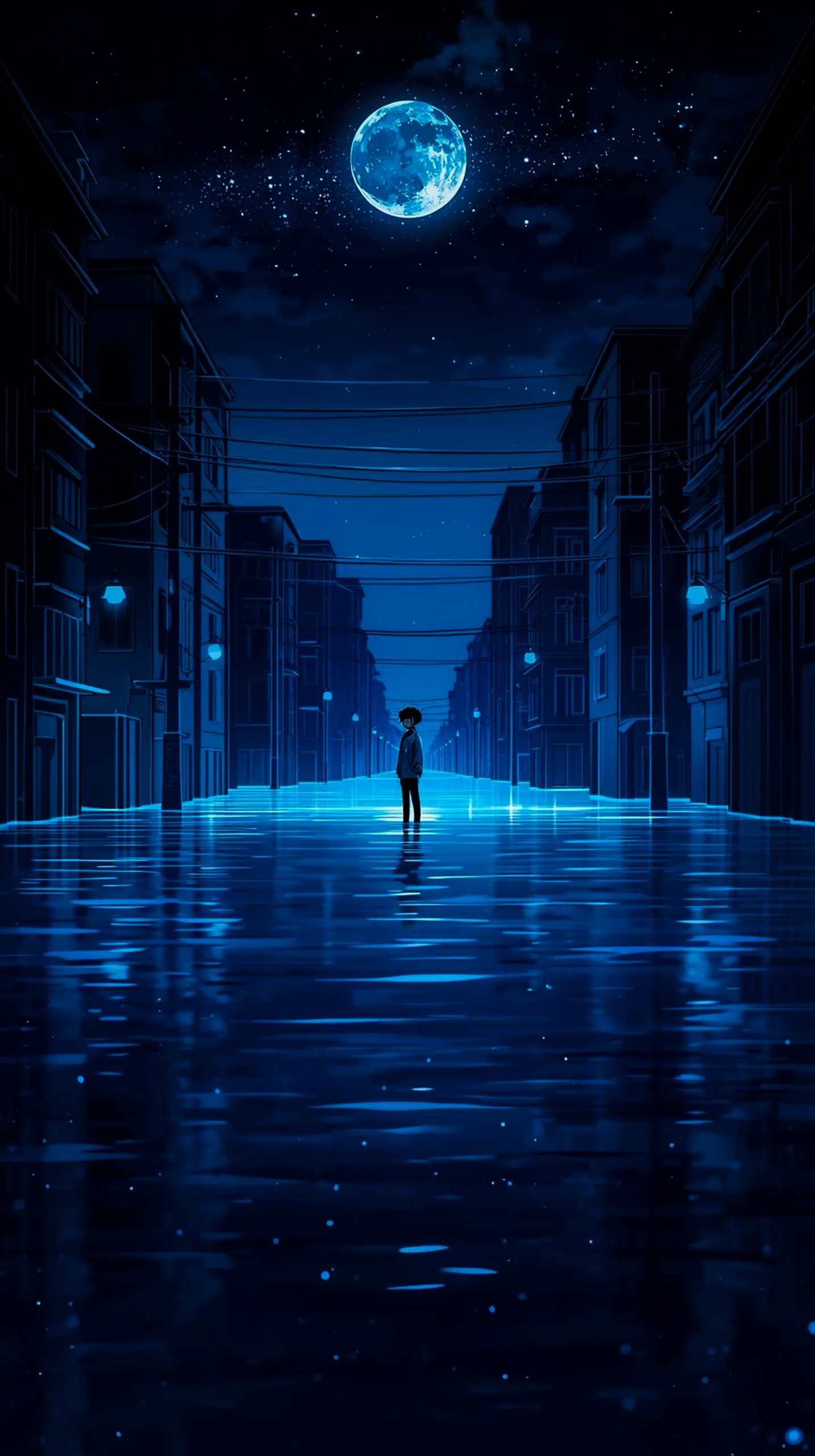 mysterious blue moon city street lone figure wallpaper for phone 4K