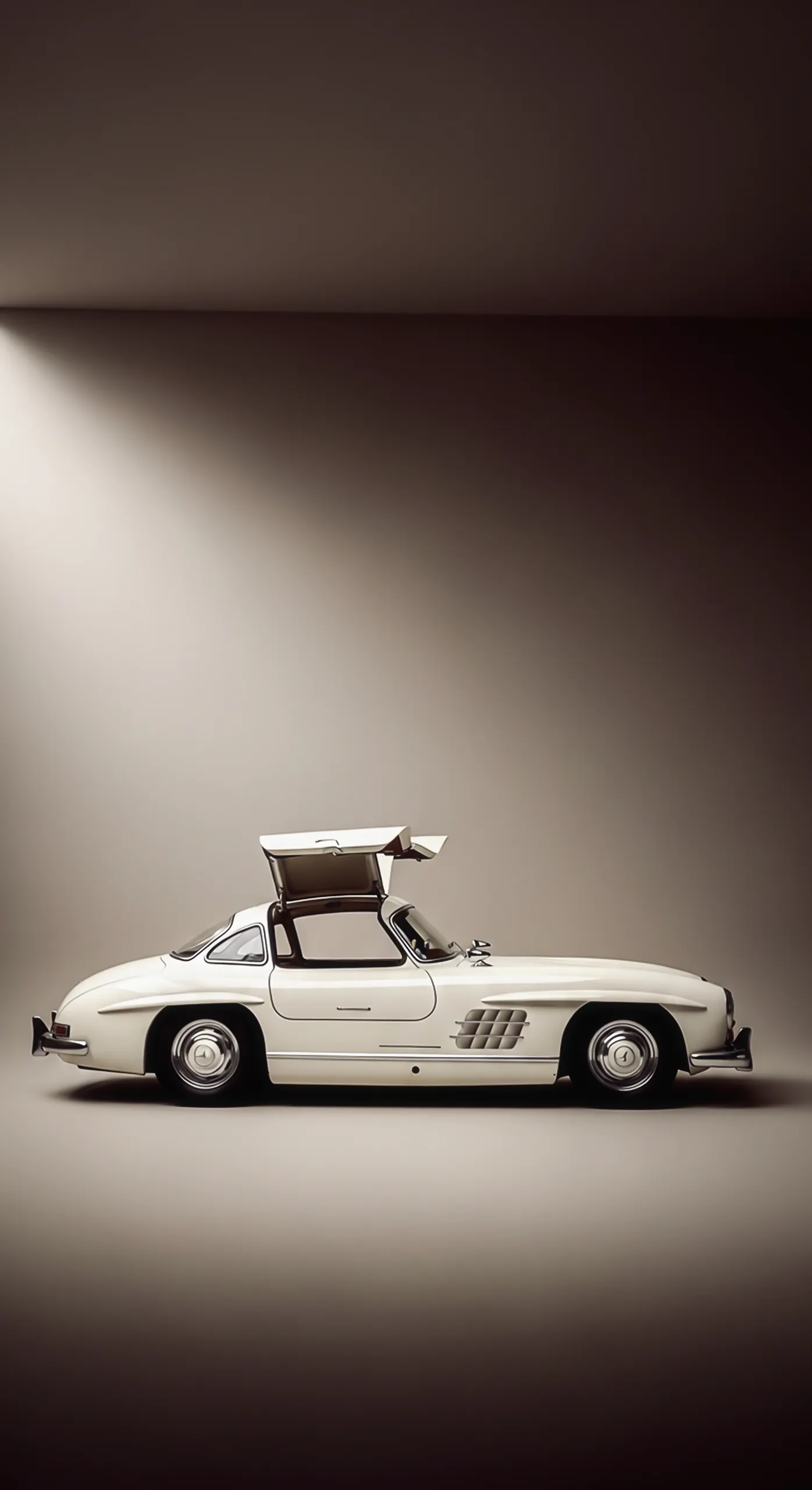 Stunning White Mercedes 300 SL Gullwing car iphone wallpaper - The ultimate car wallpaper 4k for mobile, perfect as a car wallpaper4k for mobile. Enhance your screen with this classic beauty.