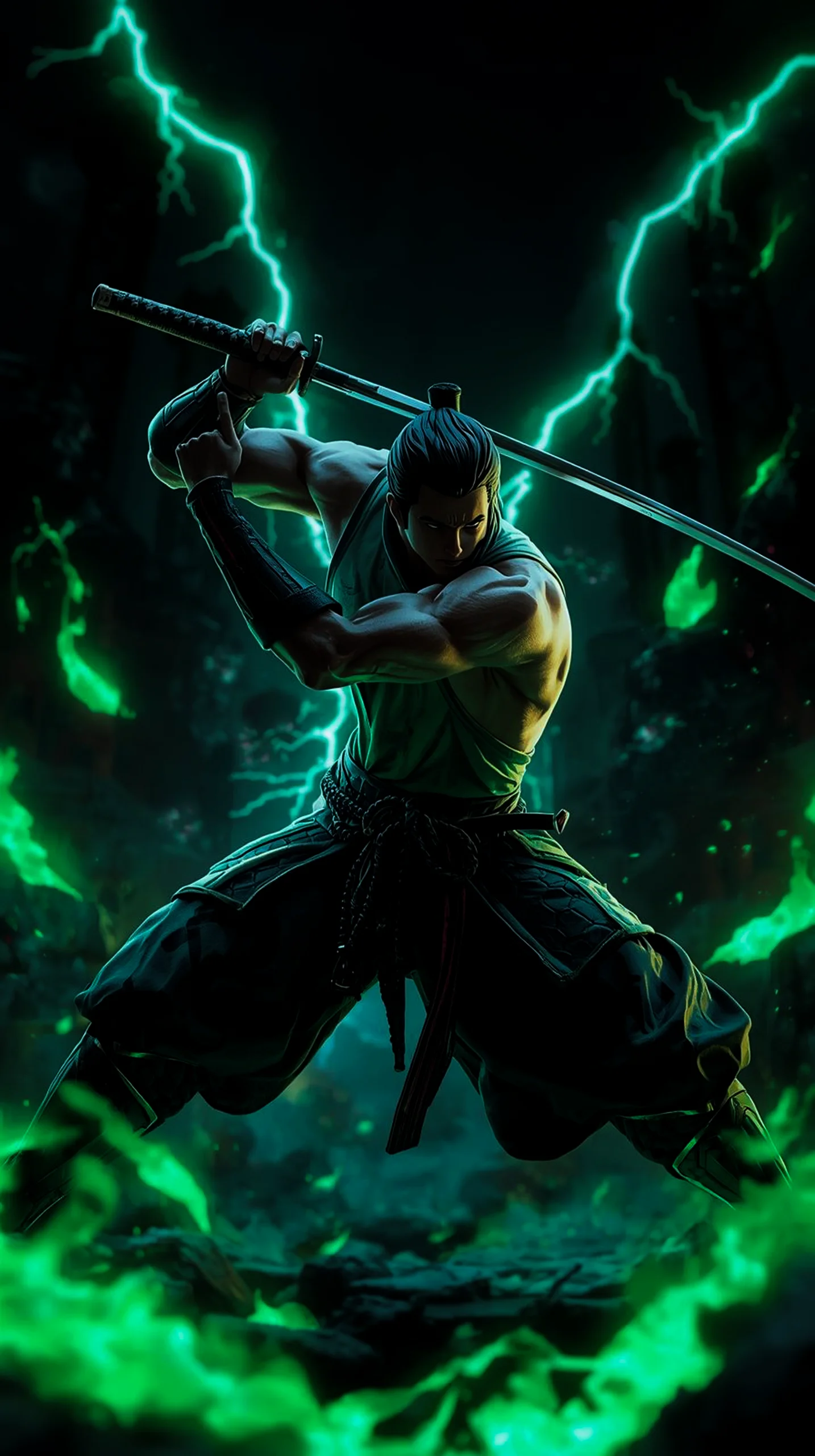 powerful samurai warrior with green lightning wallpaper for phone 4K