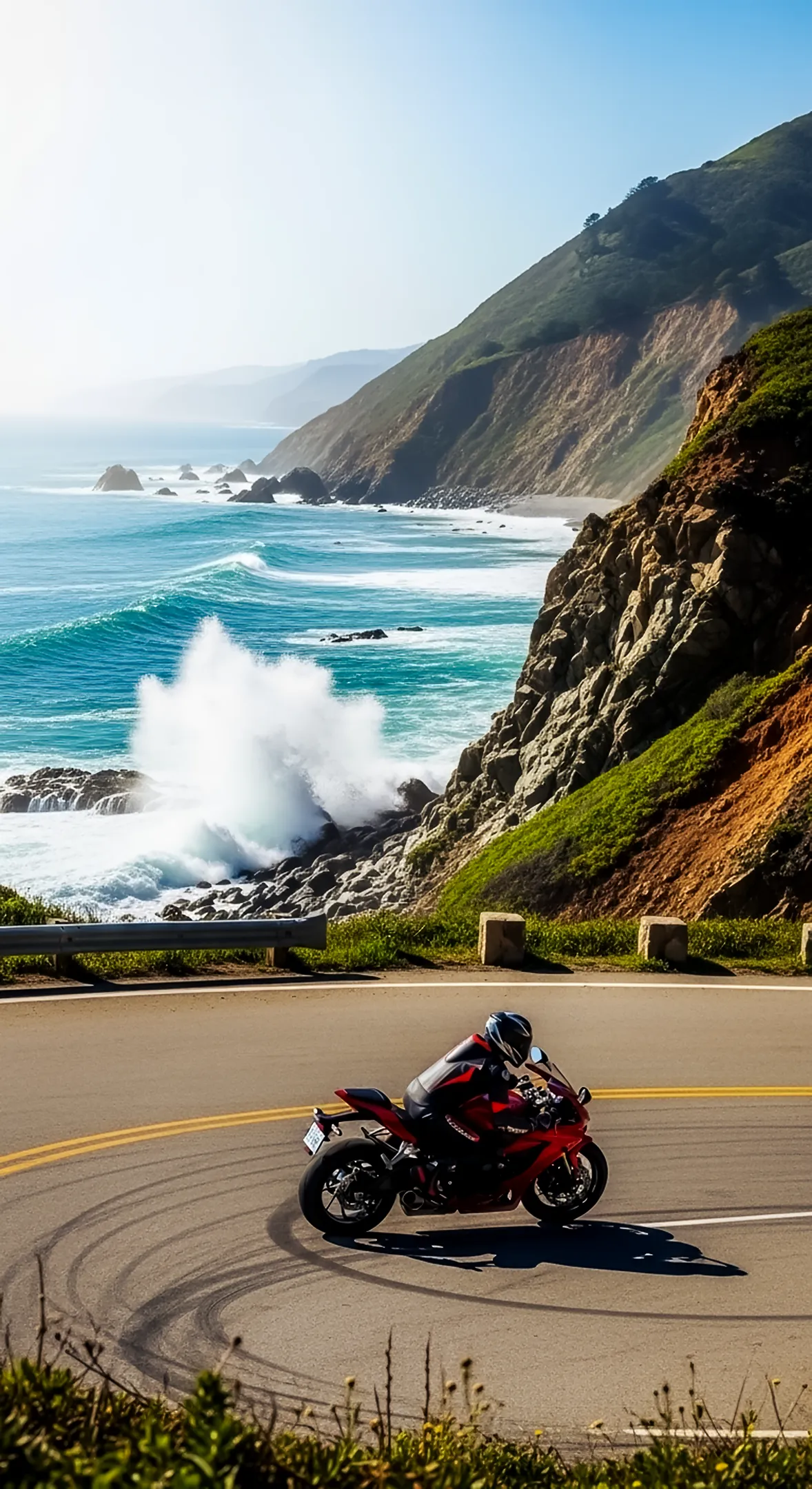 Stunning Red Motorcycle on Coastal Road: 4K iPhone Wallpaper & Mobile Backgrounds