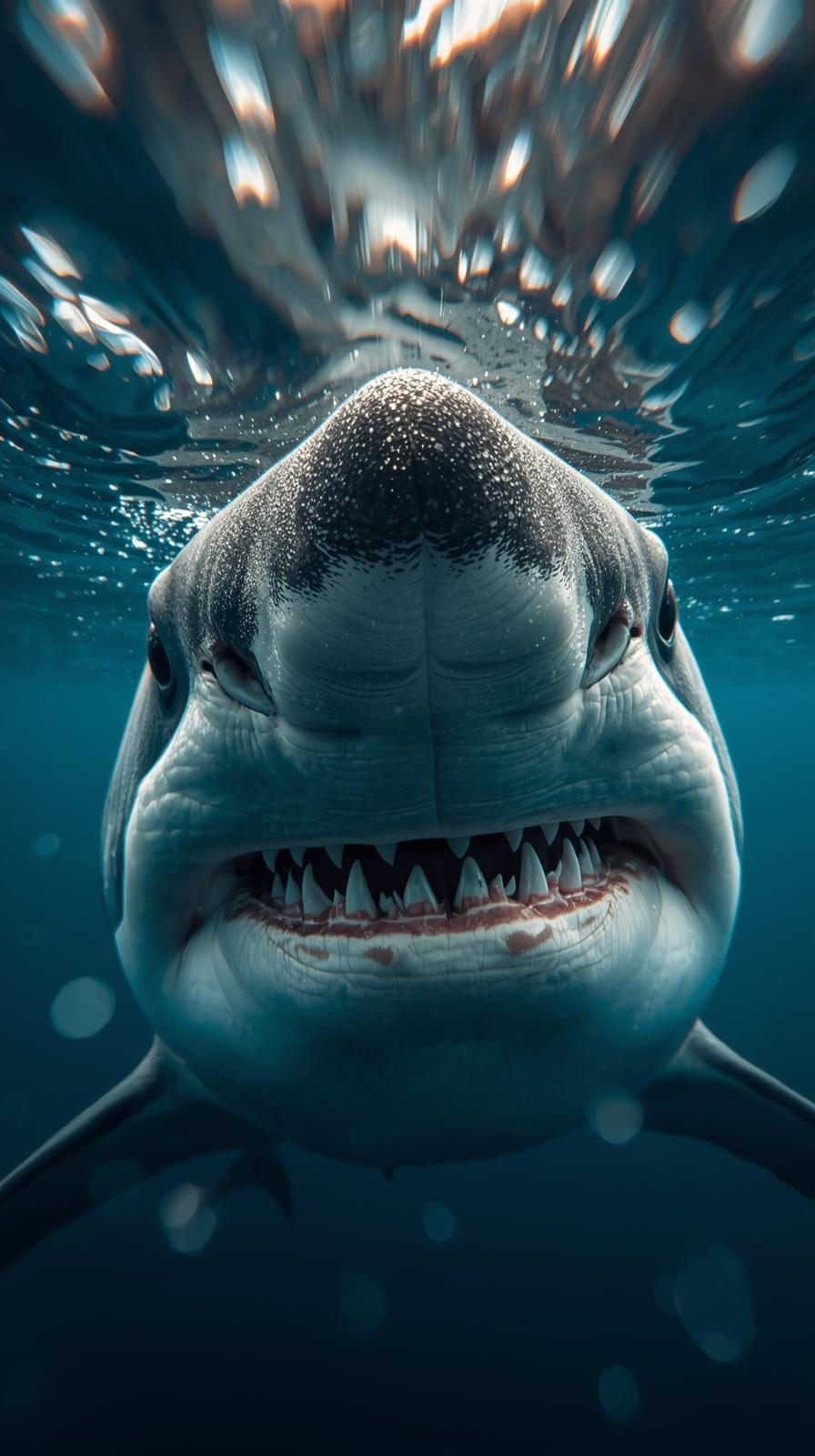 A terrifying great white shark swimming directly toward the camera in deep blue water.