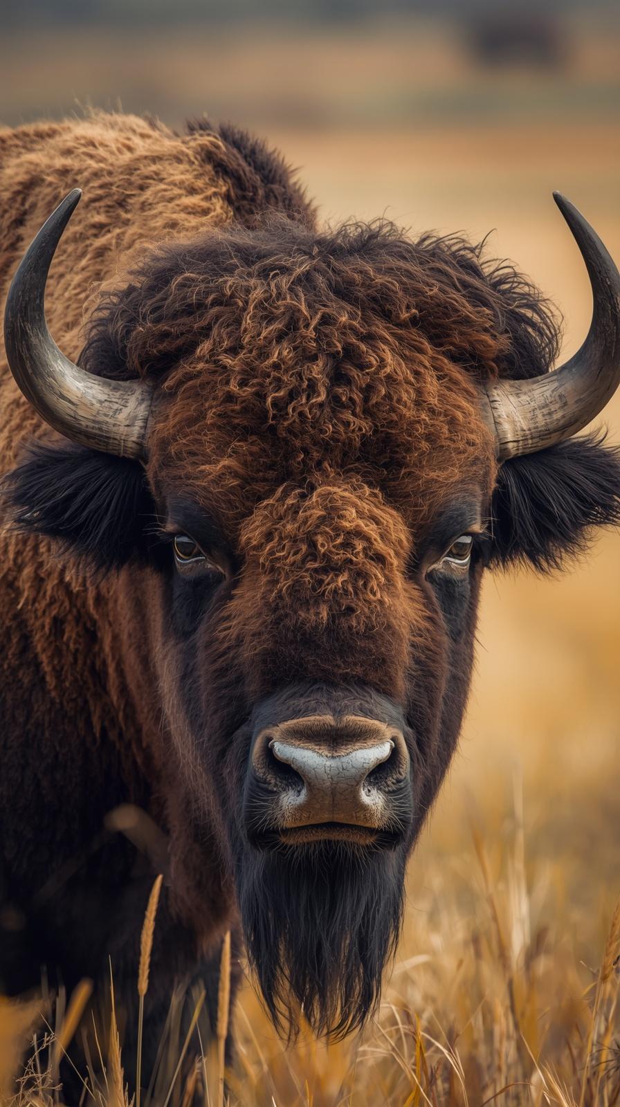 Majestic bison close-up, powerful brown fur and horns.