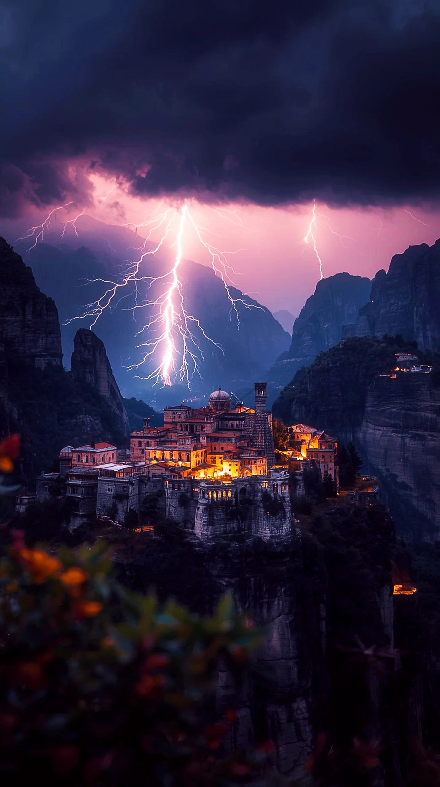 Lightning Storm Mountain Village 4K Mobile Wallpaper Aesthetic