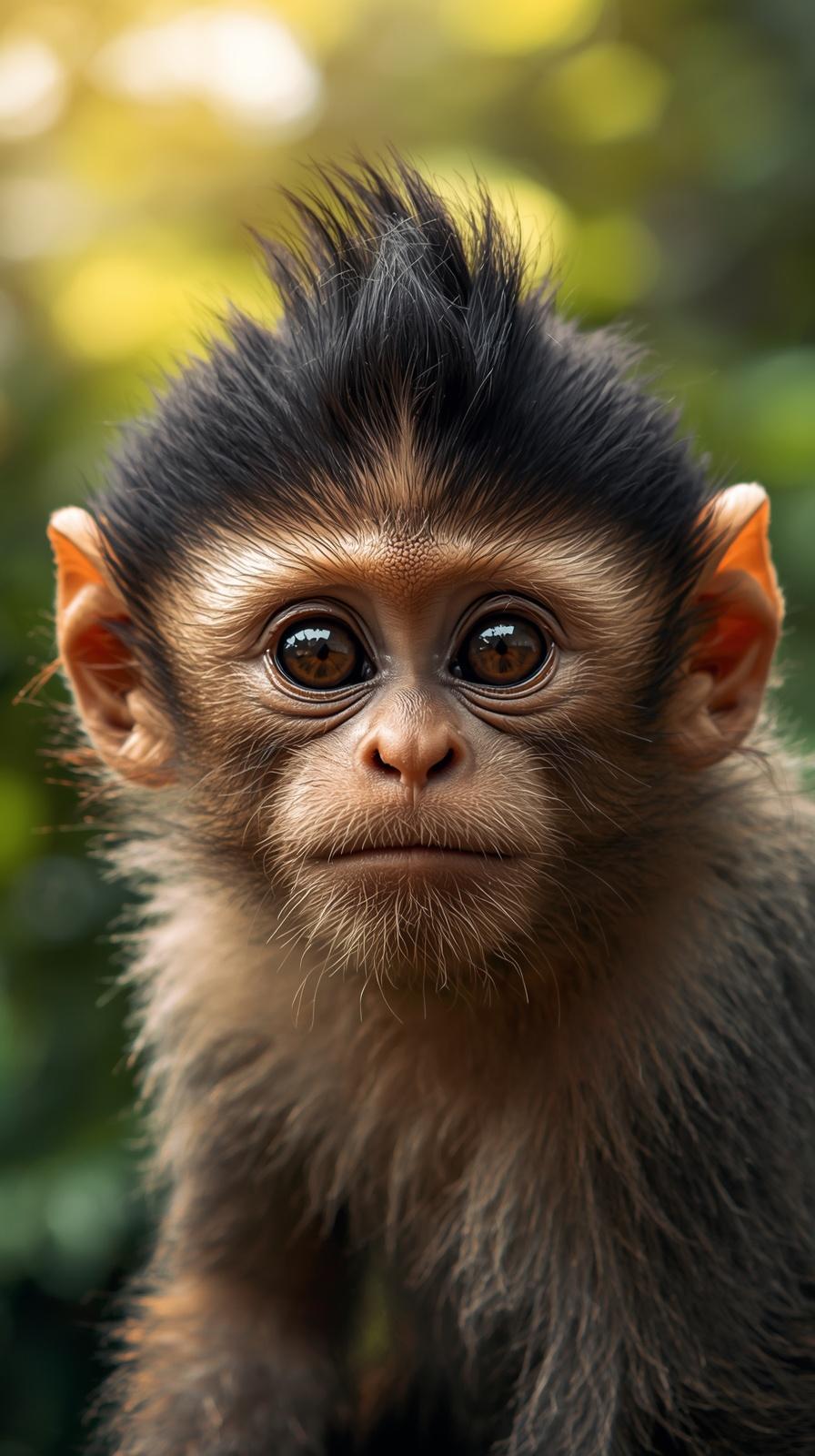 Close-up portrait of a cute baby monkey with big eyes and mohawk.