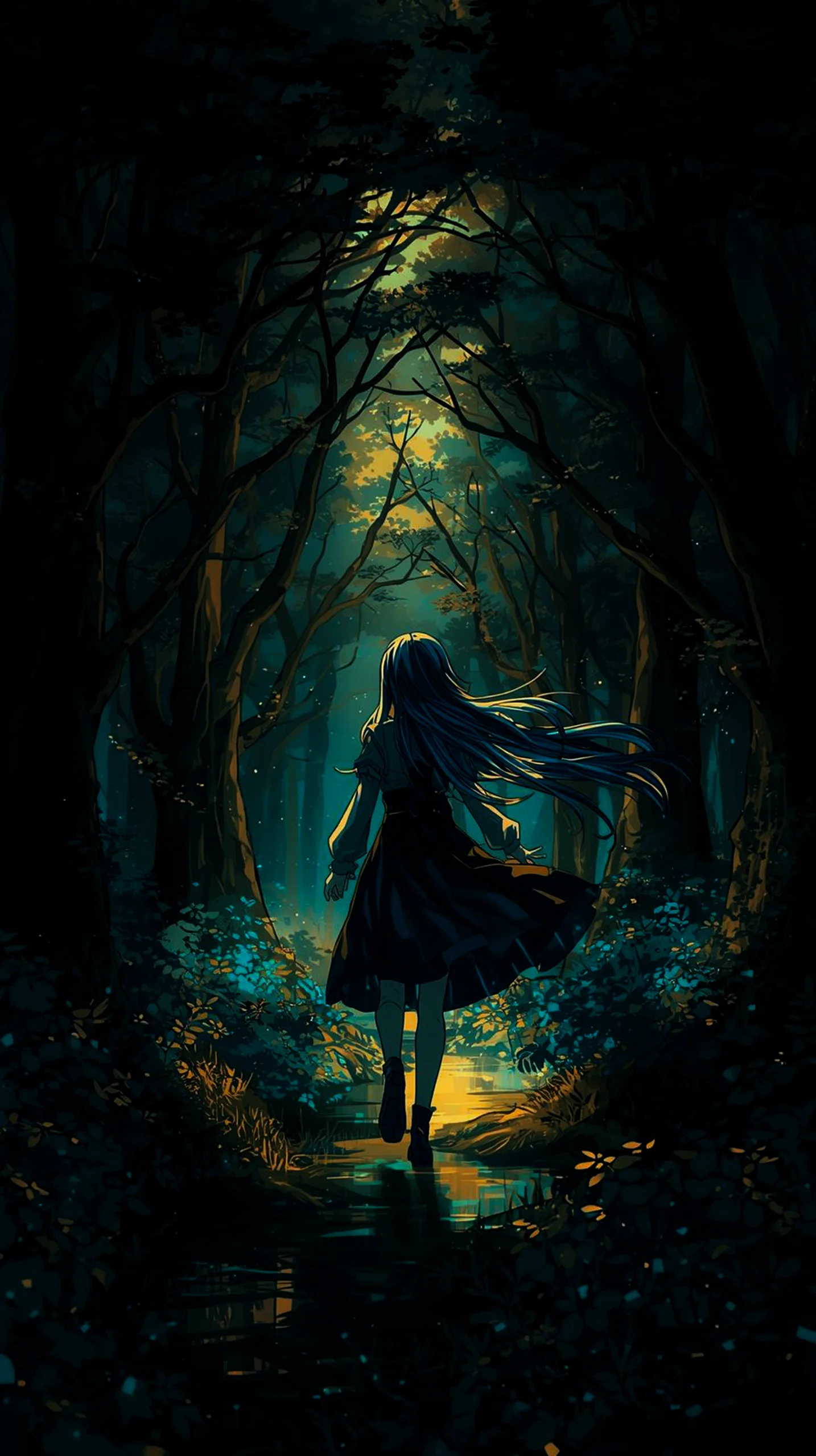 mysterious anime girl walking in dark forest wallpaper for iPhone 4K