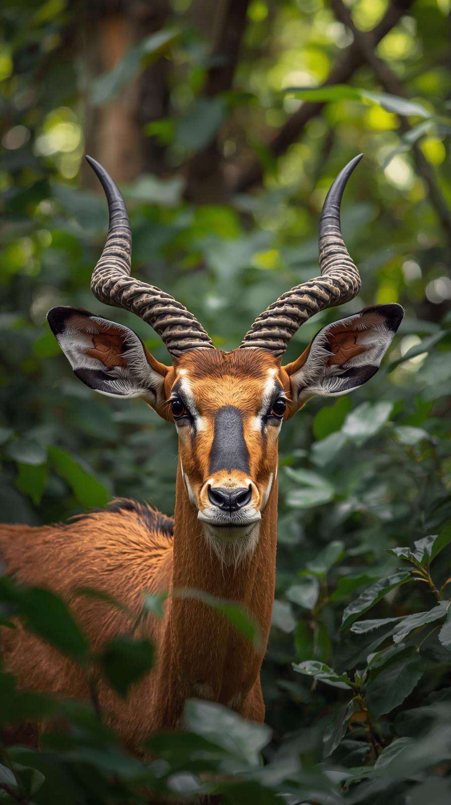 A majestic impala with spiral horns standing in a lush green forest background.