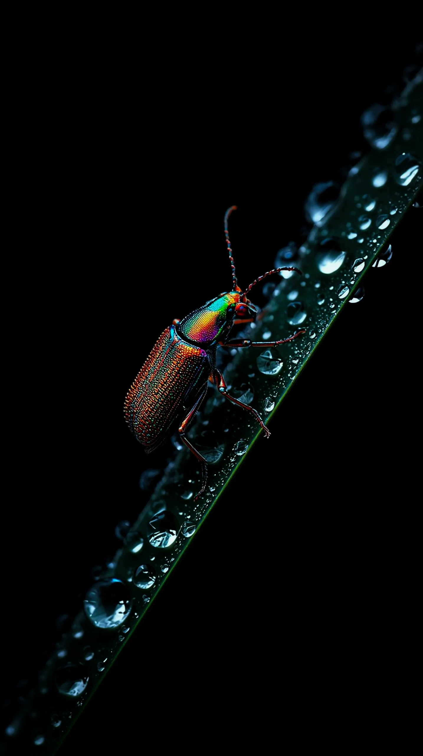 Iridescent beetle on dewy leaf amoled wallpaper 4k for mobile, iphone wallpaper 4k, 4k wallpaper for phone, 4k
