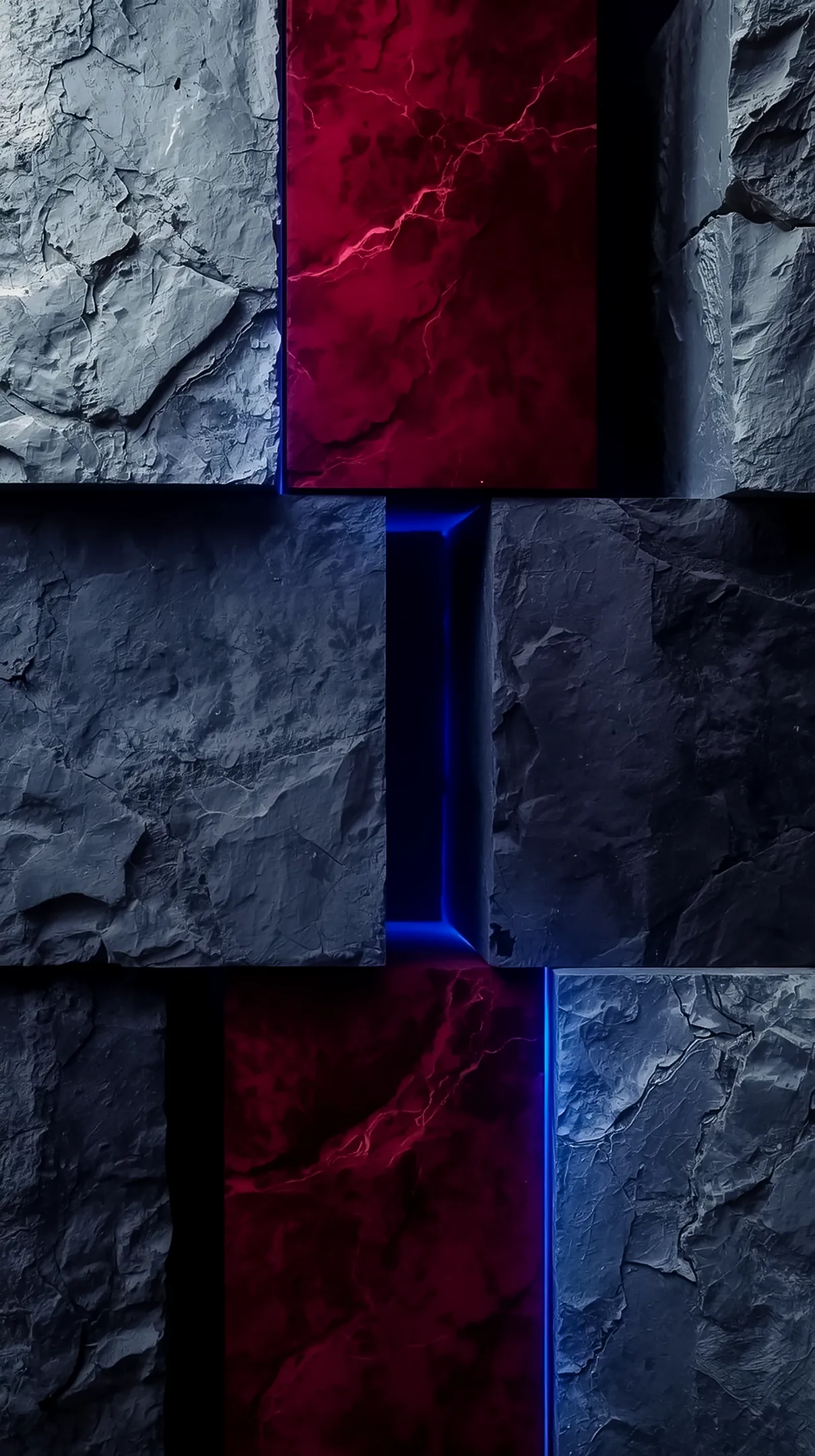 Dark stone and red marble AMOLED wallpaper 4K for mobile with blue neon, perfect iphone wallpaper 4K, 4K background.