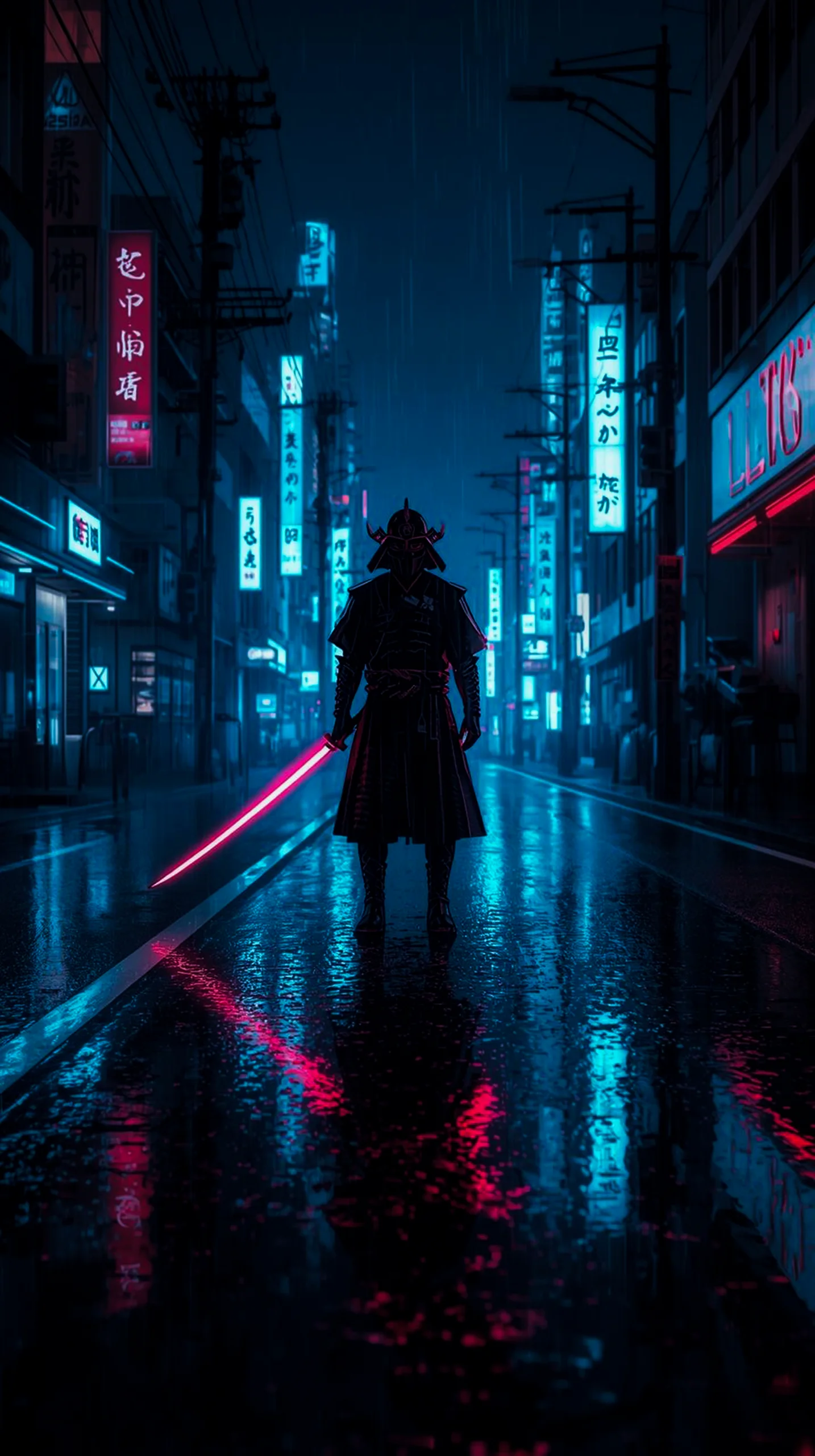 moody cyberpunk samurai neon street wallpaper for iPhone 4K