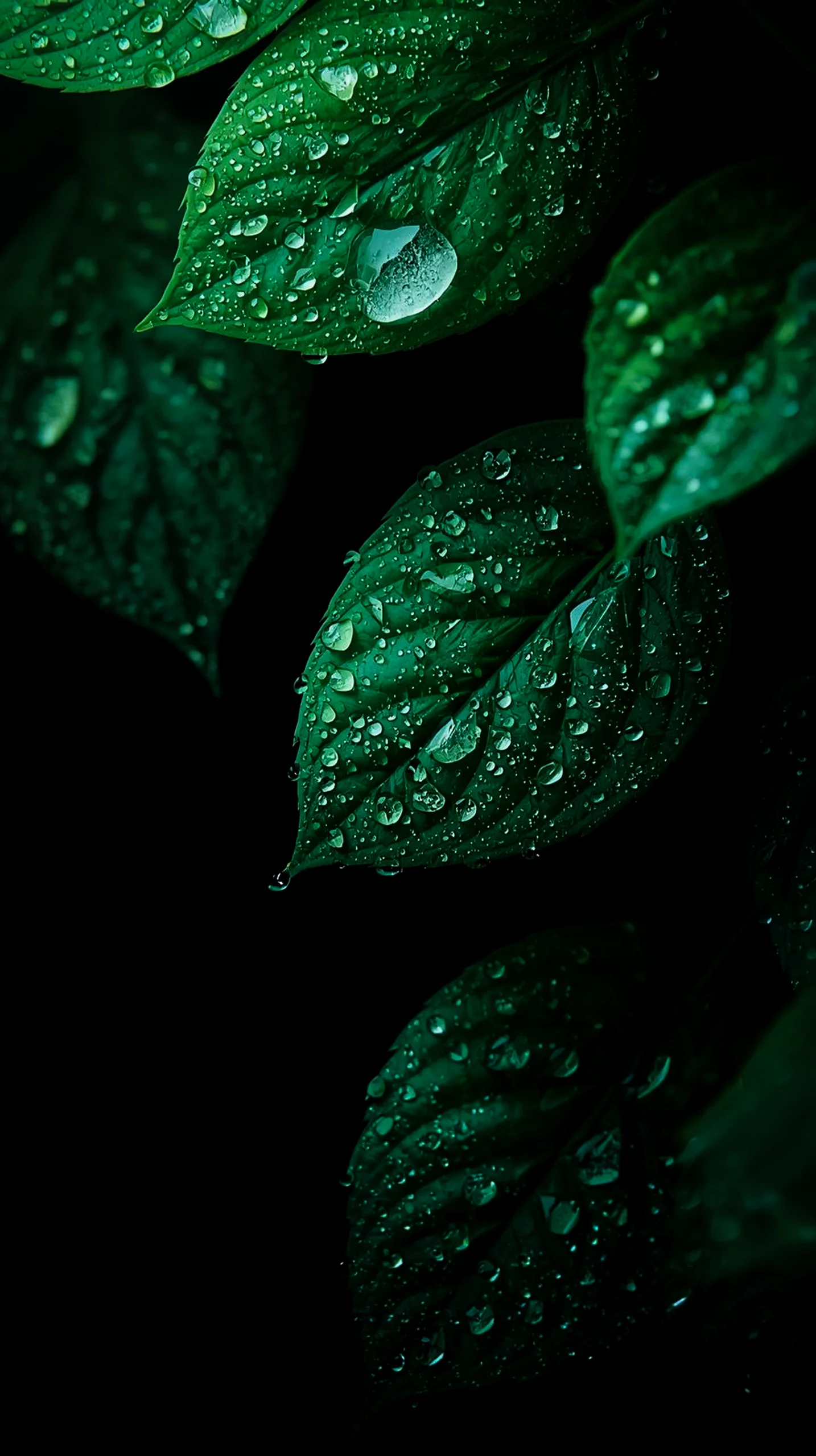 Close-up of dark green leaves covered in water droplets, ideal for AMOLED wallpaper 4K for mobile, iPhone wallpaper 4K,