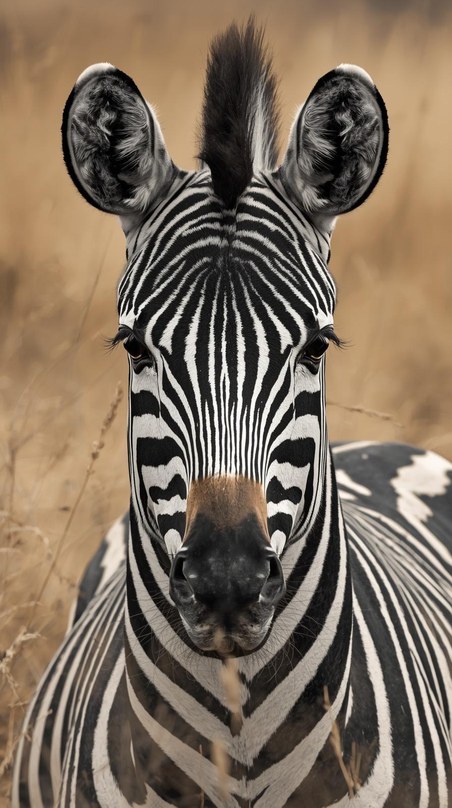 Close-up portrait of a zebra with black and white stripes in nature.
