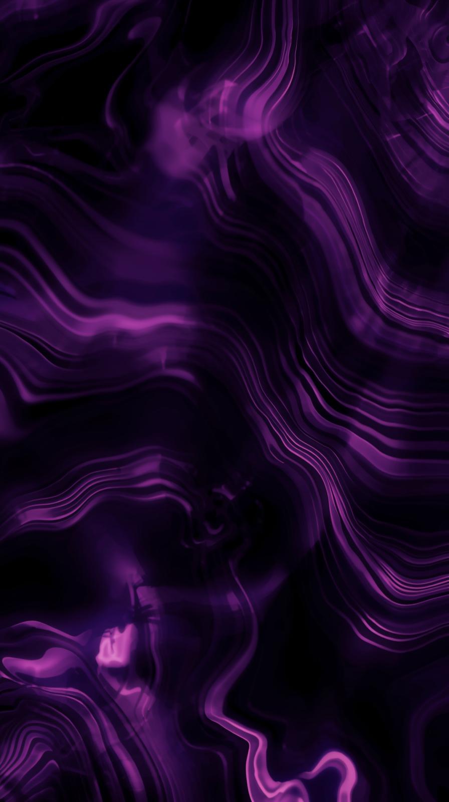 4k backgrounds iphone - Dark glossy abstract background featuring a liquid purple gradient with a wavy striped glass refraction effect and neon violet curves.