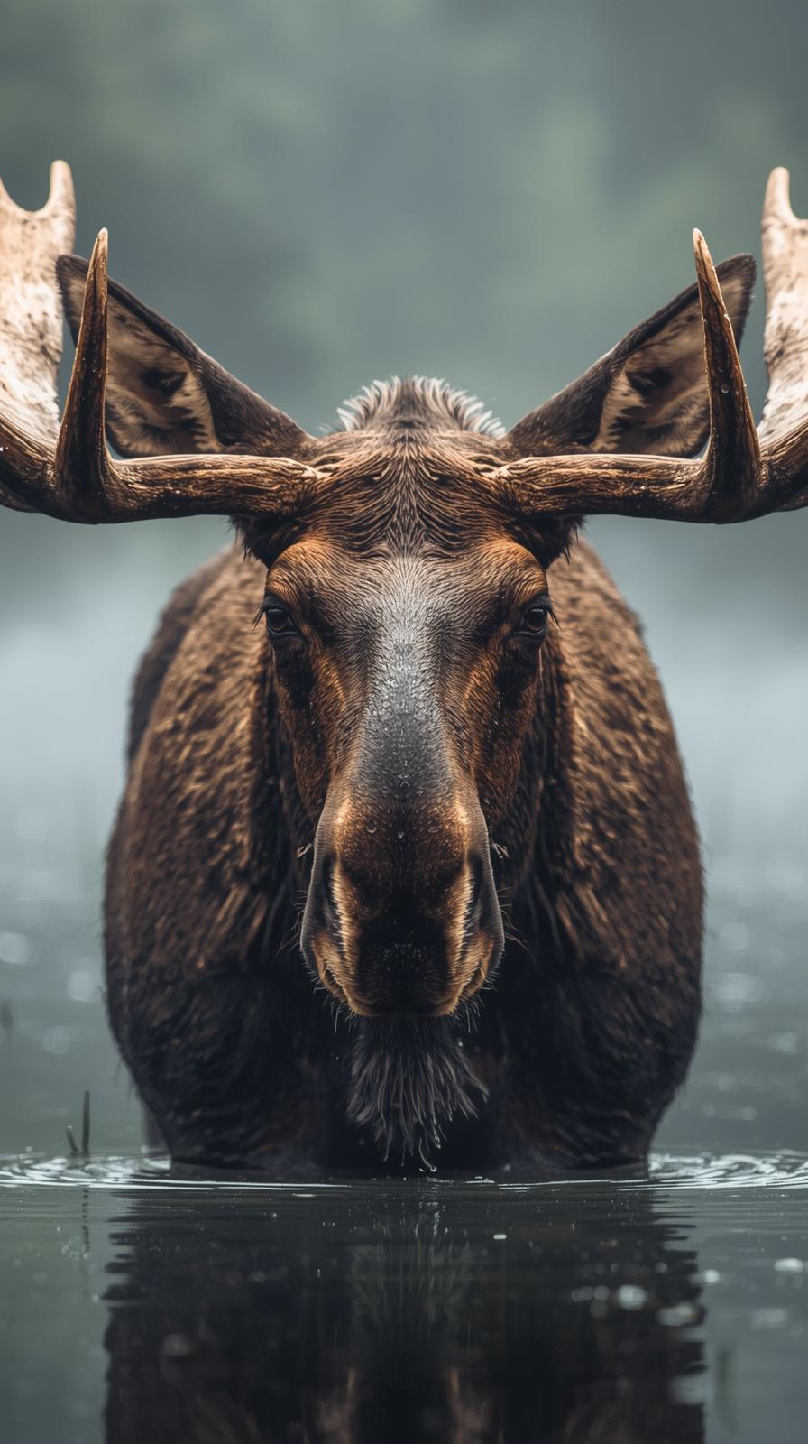 A majestic moose standing in calm misty water, creating a serene wildlife wallpaper.