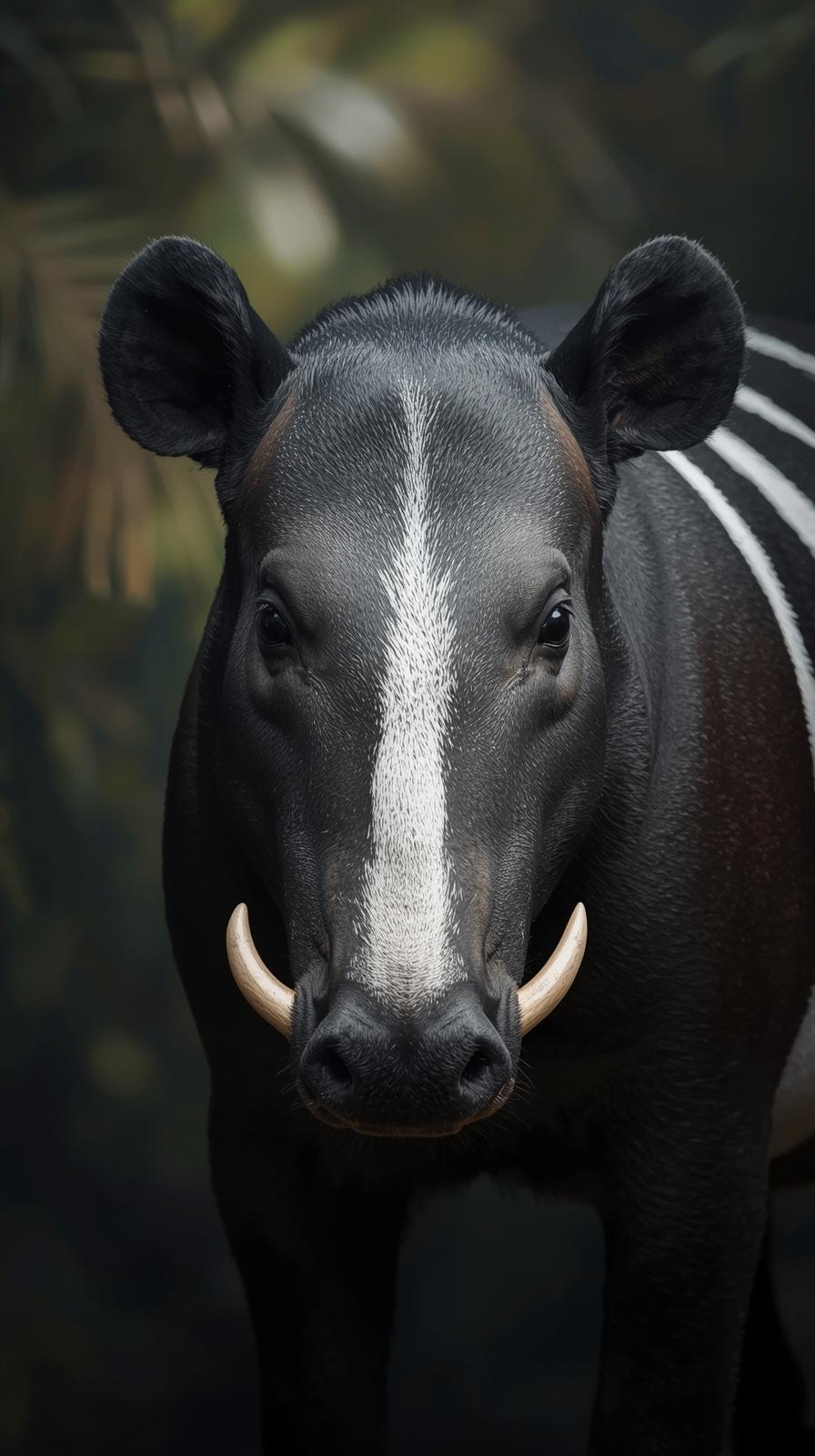 Close-up portrait of a wild boar with striking black and white markings and tusks.