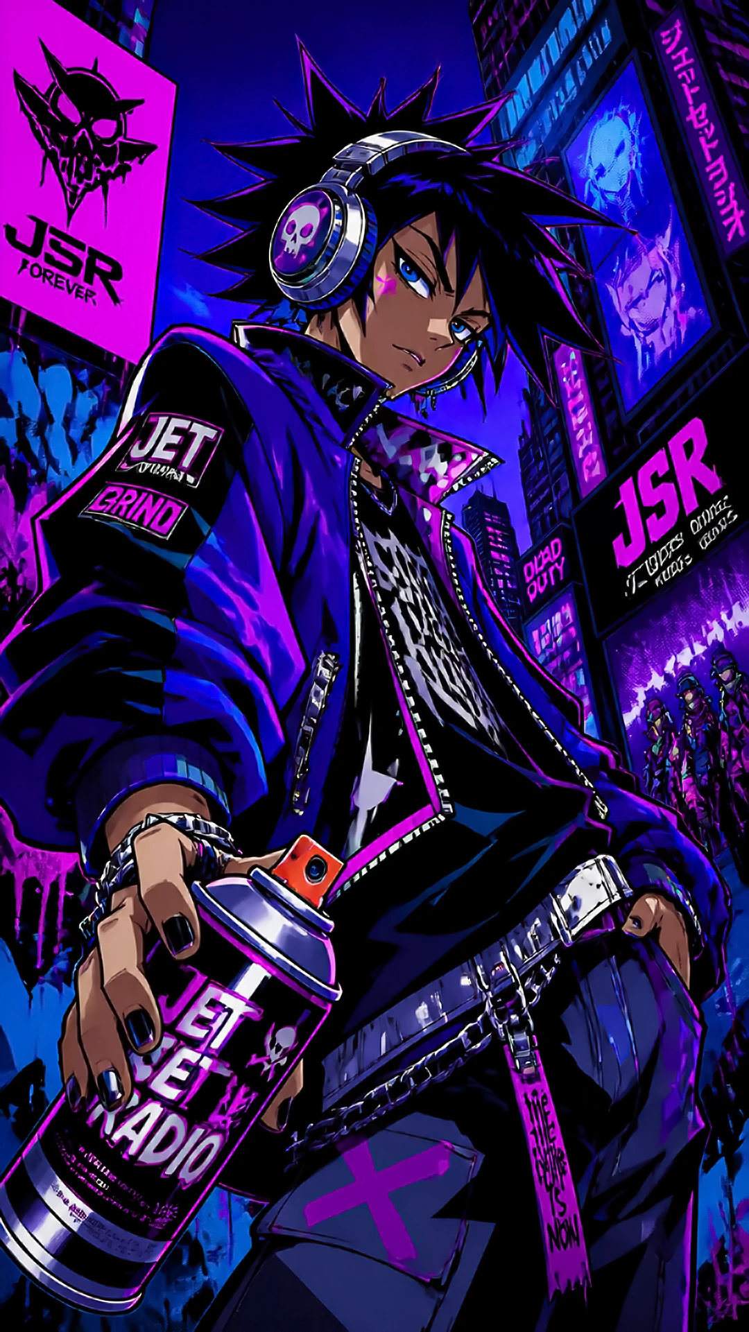 Anime wallpaper iphone — purple graffiti rebel anime boy with headphones holding a spray paint can under neon purple city lights