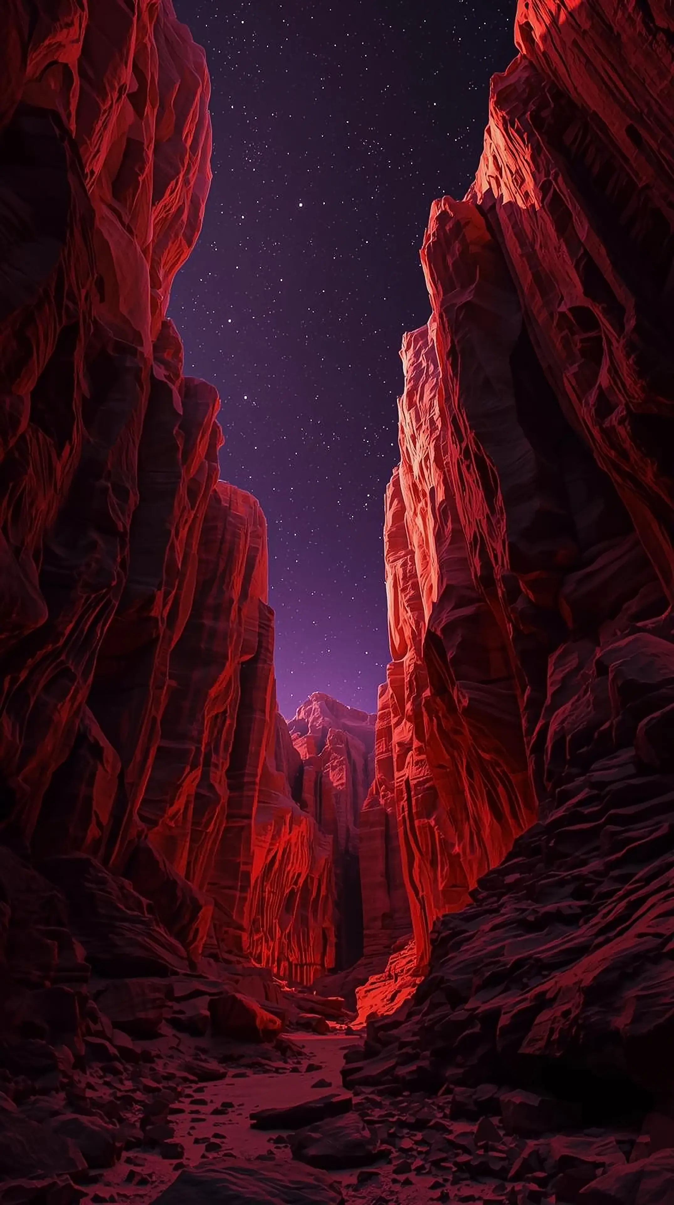 4k wallpaper for mobile Epic Red Rock Canyon at Night, Starry Purple Sky over Narrow Desert Slot Canyon with Glowing Crimson Walls