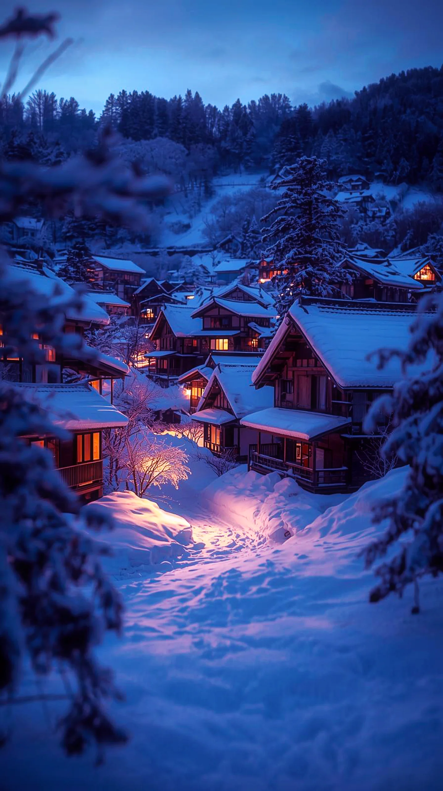 A cozy winter village covered in deep snow with glowing cabin lights at night, captured in 4K resolution.