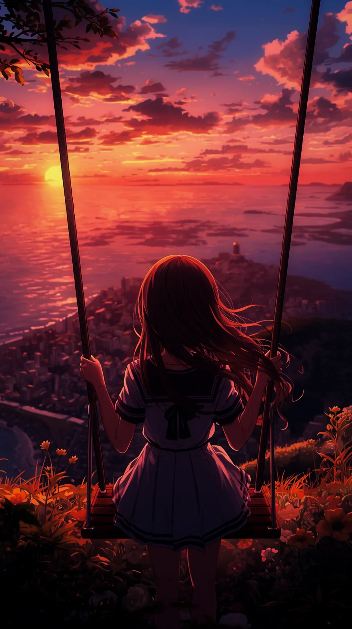 serene anime girl on swing wallpaper for phone 4K resolution