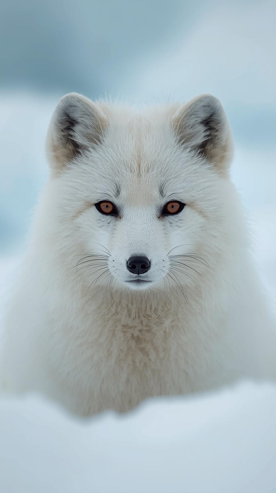 A close-up portrait of a majestic white Arctic fox with striking amber eyes.