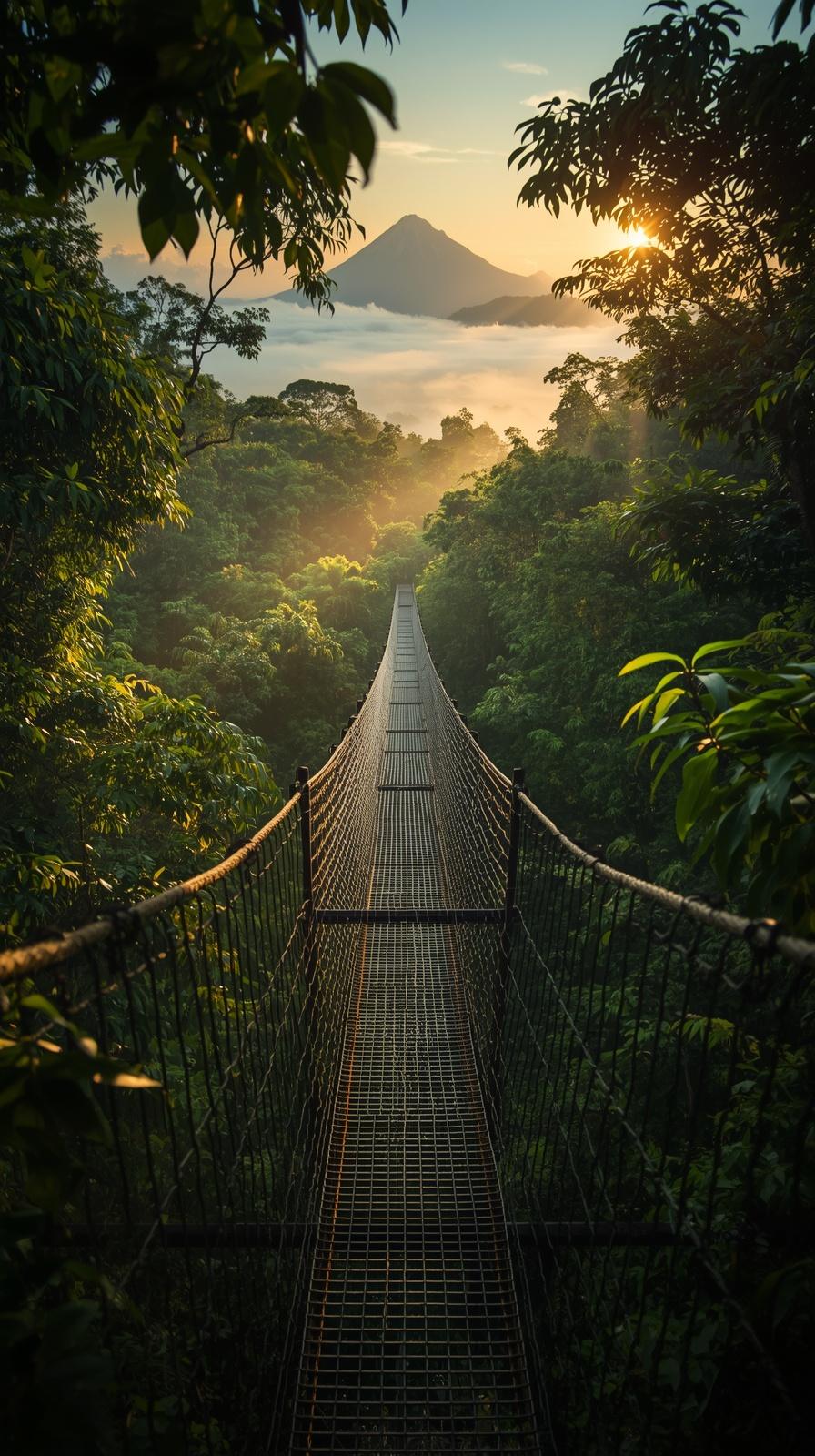 Borneo rainforest canopy walkway at sunrise