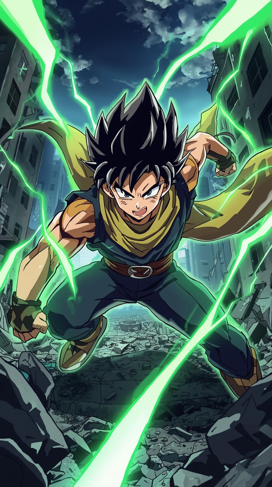 High-action anime illustration of a hero with green hair unleashing electric lightning energy while descending into a crumbling urban city background.