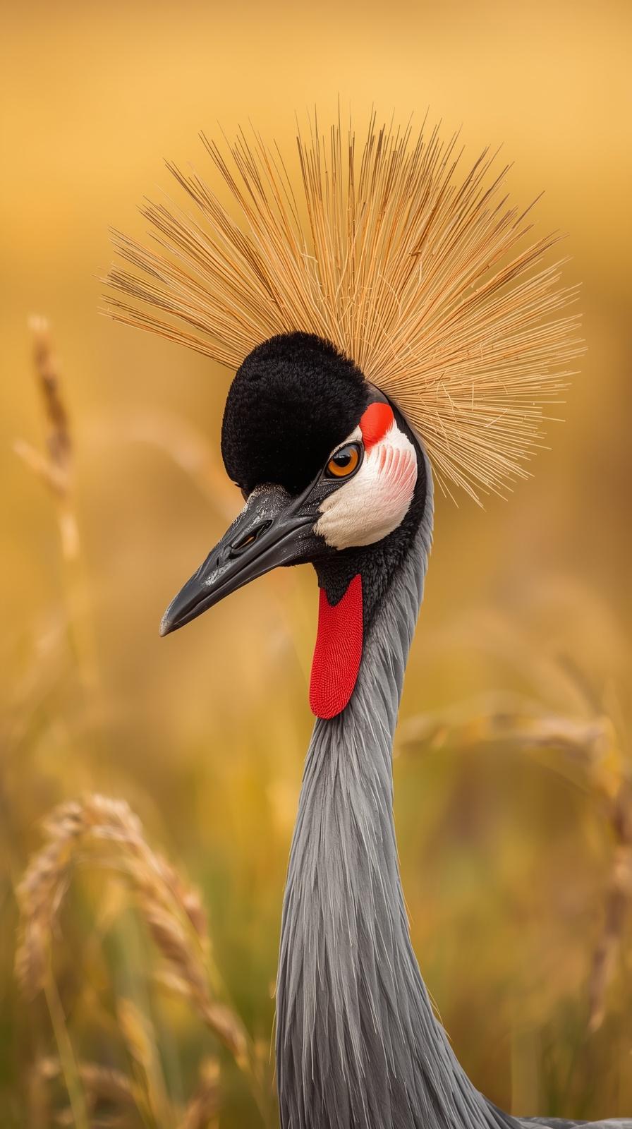Majestic Grey Crowned Crane with golden crest in a warm, natural setting.