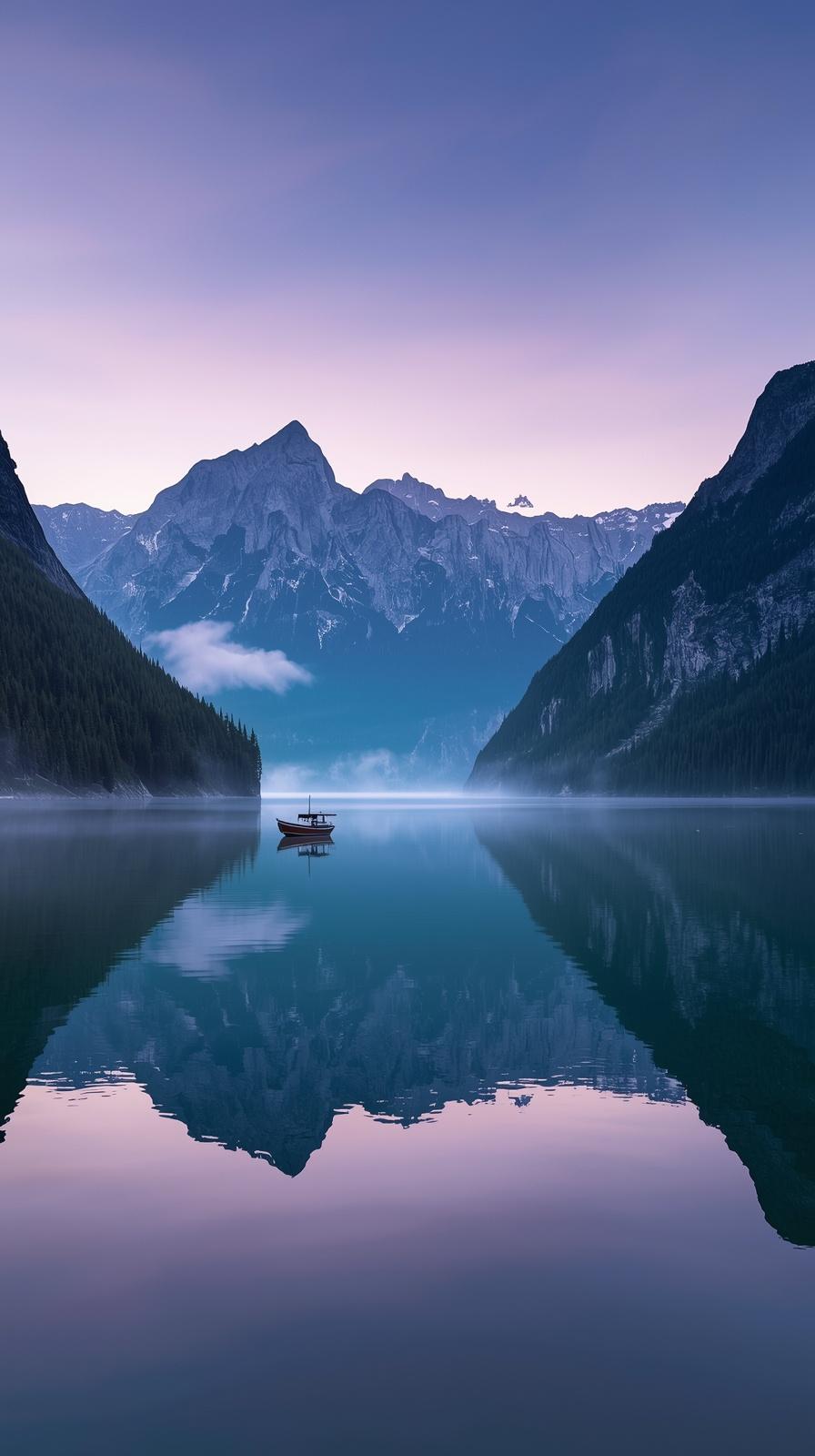 Calm fjord at twilight, mirror-like emerald water