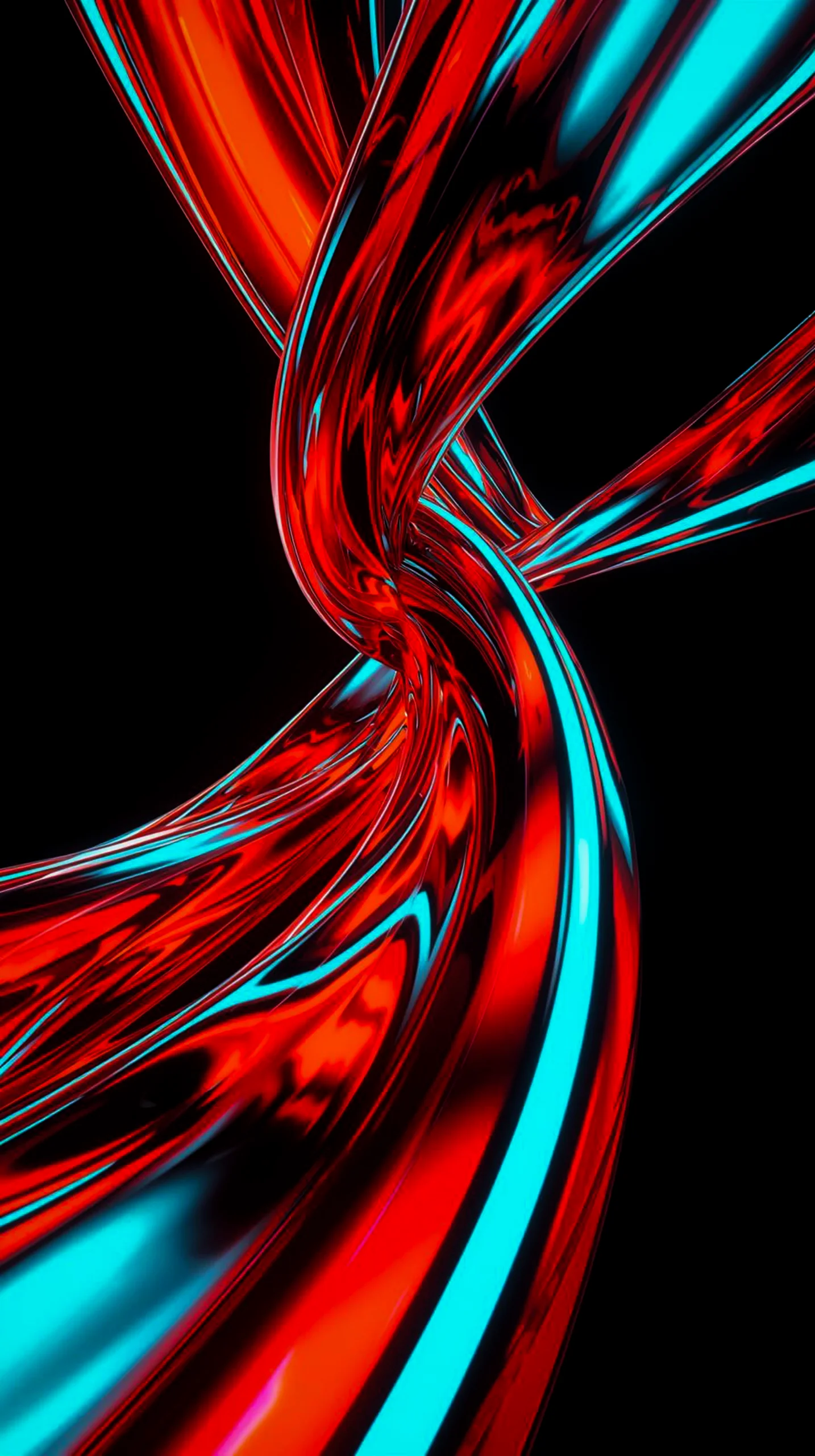 A dark wallpaper featuring swirling ribbons of red and cyan abstract shapes against a black background.