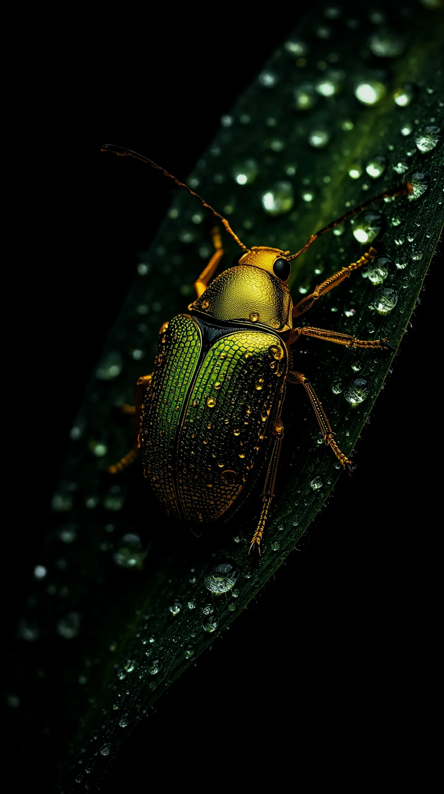 AMOLED wallpaper 4K for mobile featuring a golden beetle on a green leaf with water droplets. iPhone wallpaper 4K, 4K