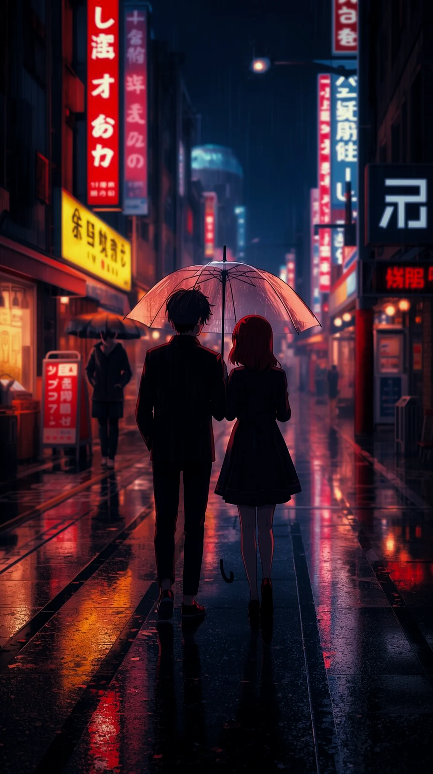 rainy anime couple walking under umbrella wallpaper for iPhone 4K