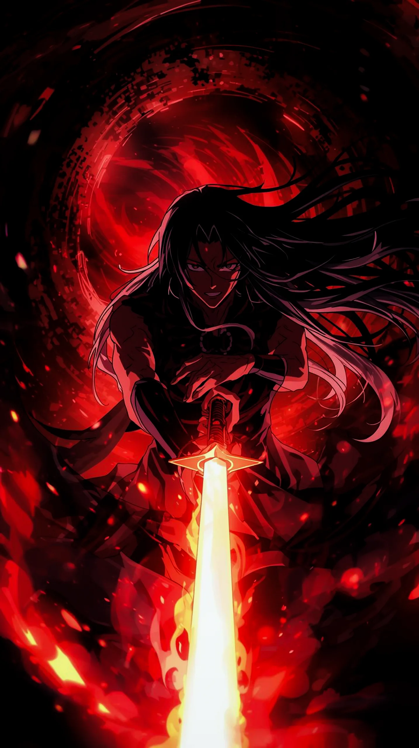 A warrior with a glowing sword in a dark red aura, perfect as an iphone wallpaper 4k or dynamic mobile wallpaper.