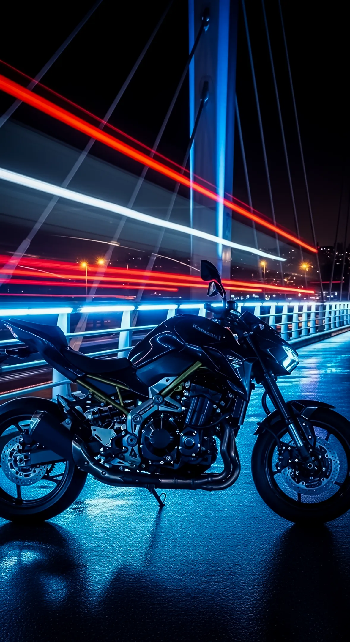 Dynamic Night Ride: Black Motorcycle on a Neon Bridge. Perfect 4K backgrounds iPhone and phone wallpaper, this 4k wallpaper for mobile is an ideal iphone wallpaper 4k for your device. Find your next 4k wallpaper for iphone here!