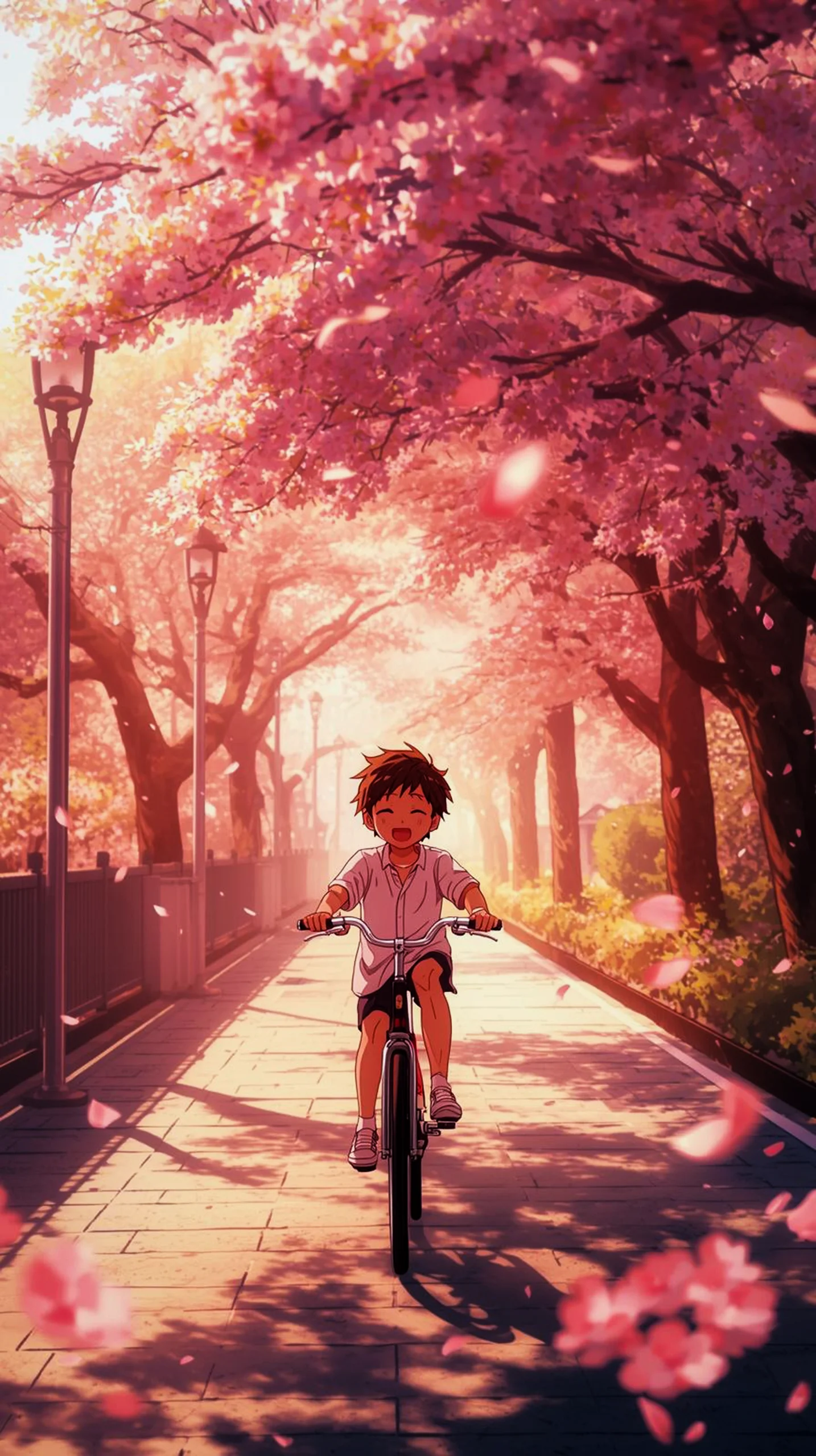 joyful anime boy cycling under cherry blossoms phone 4k wallpaper