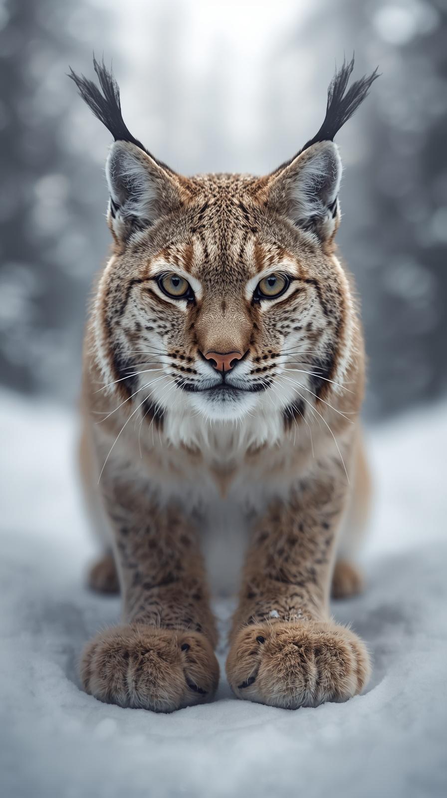 Majestic lynx sitting in the snow with an intense gaze and tufted ears.