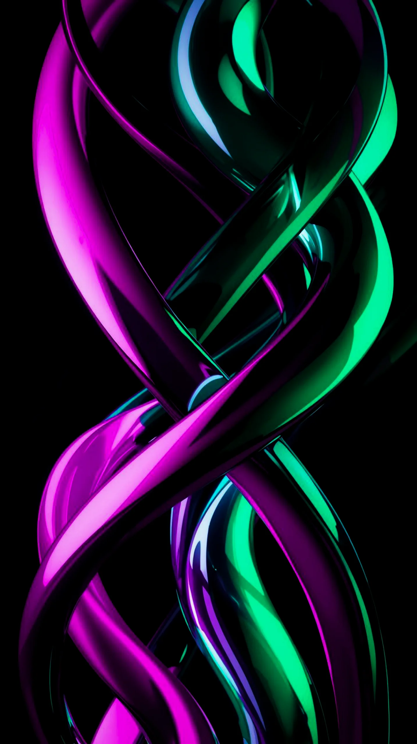 Glossy purple and green intertwined tubes on a black background for a dark AMOLED mobile wallpaper.