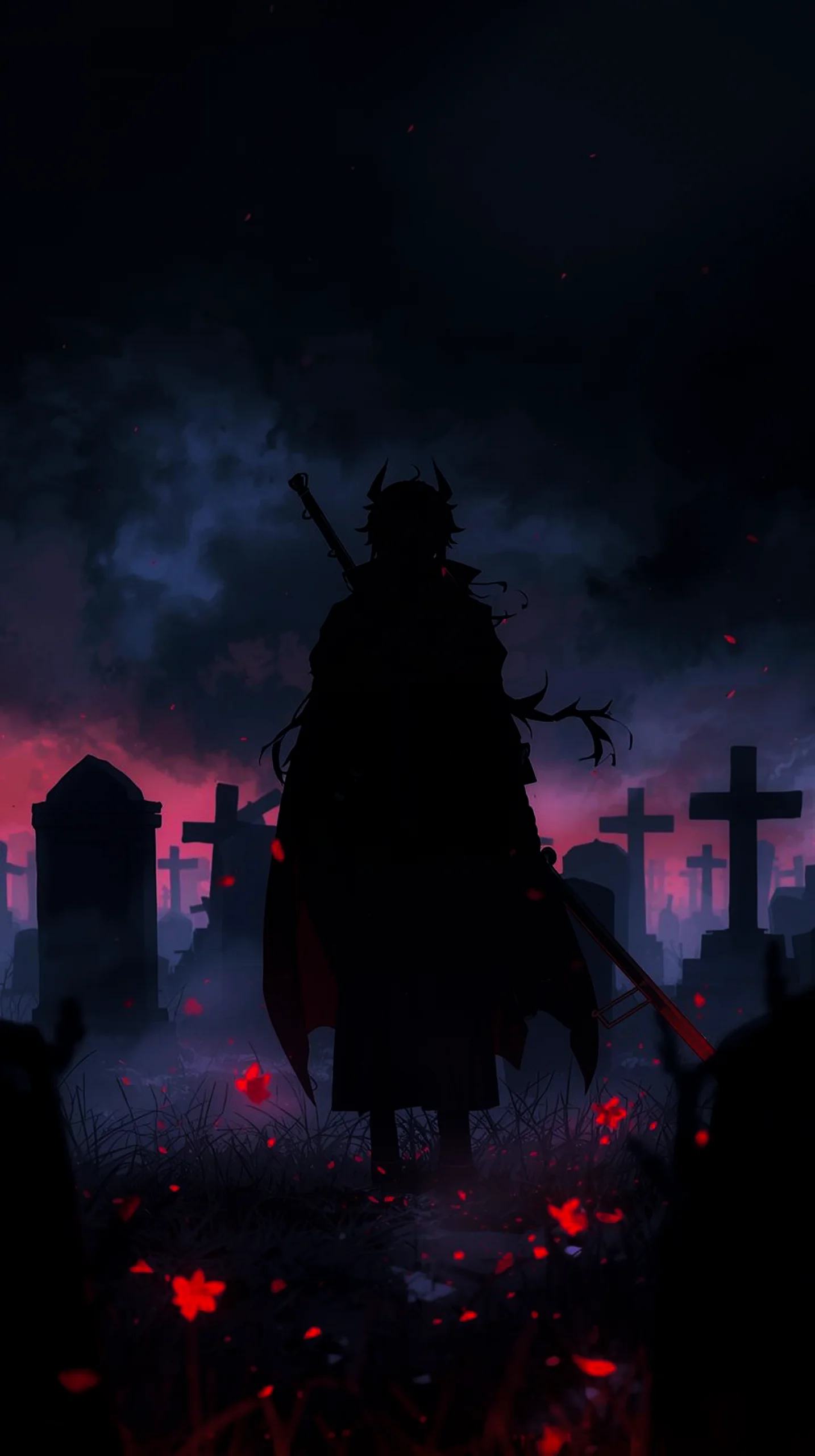 Silhouette of an anime character with a sword in a dark graveyard at sunset. iPhone and Android mobile wallpaper.