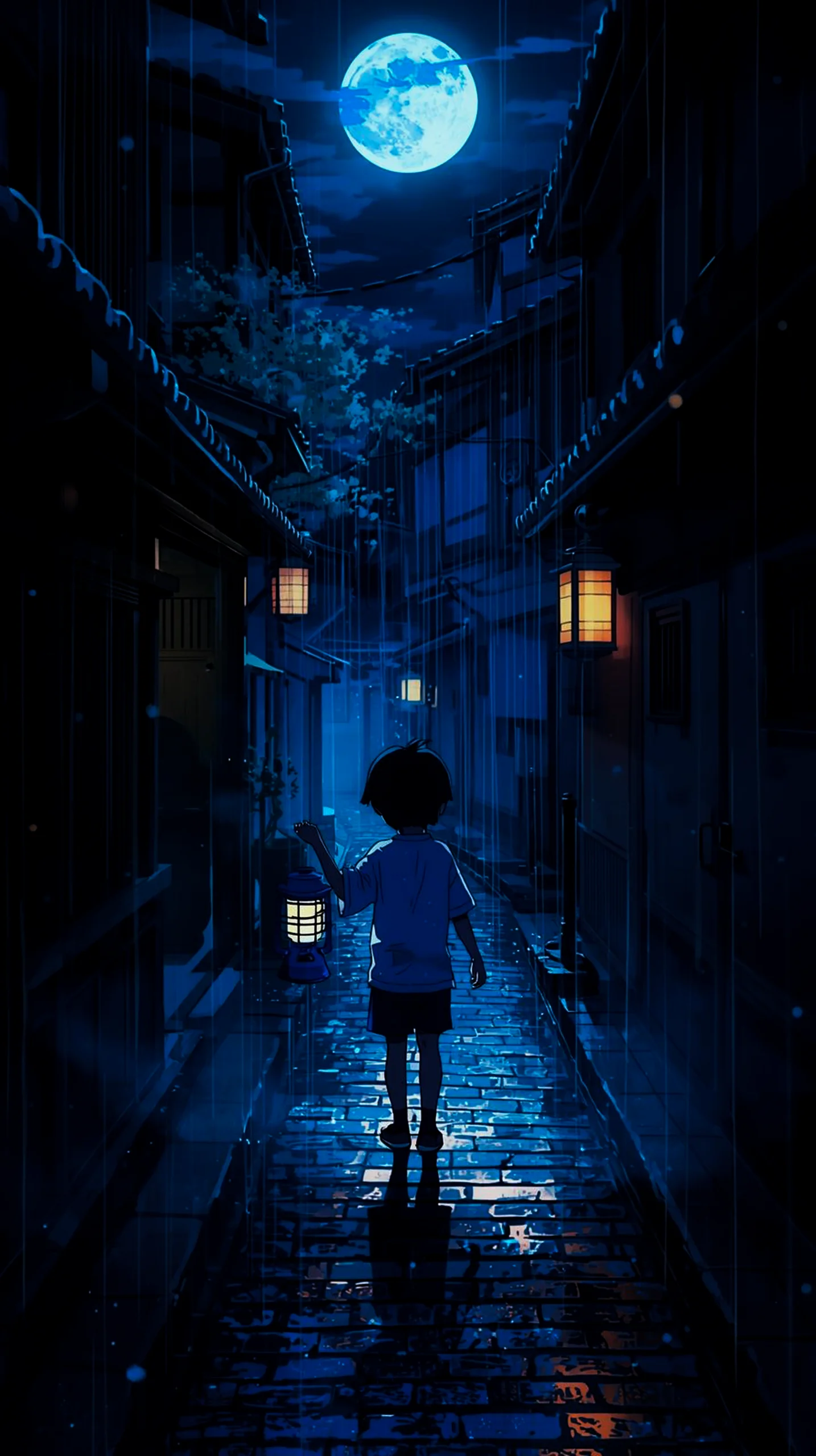 dark anime alley blue moon wallpaper for phone 4K