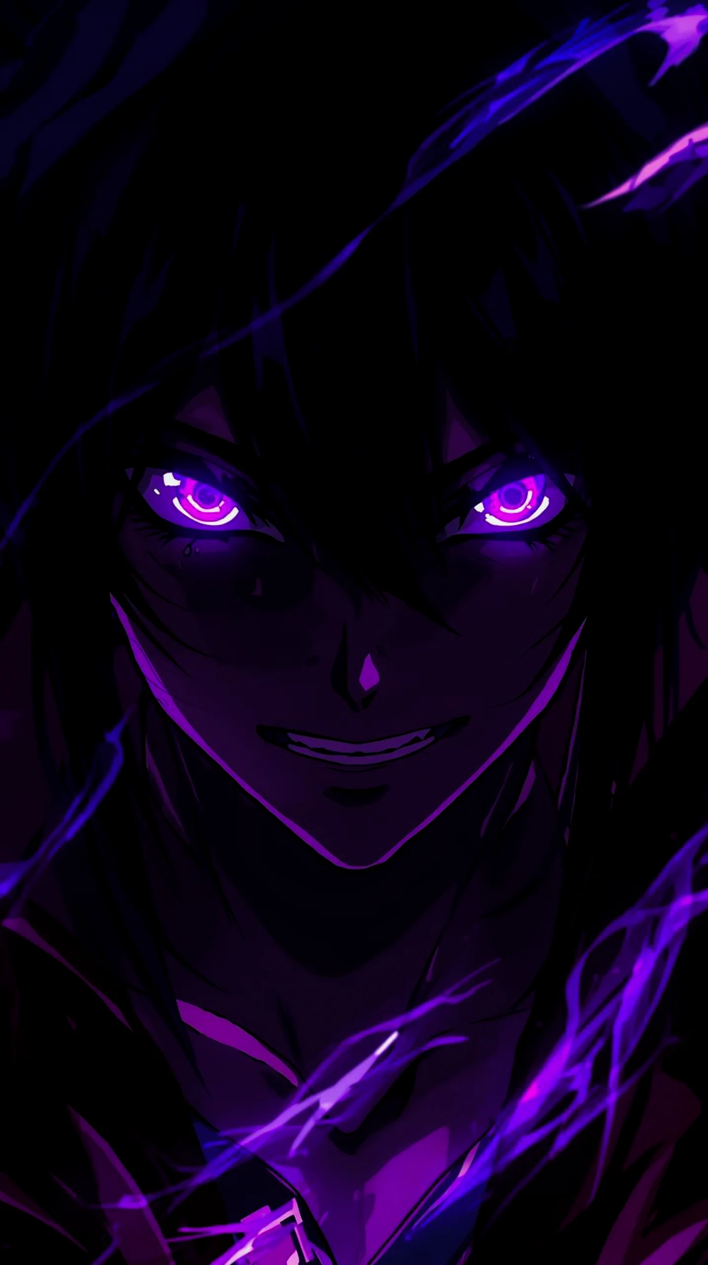dark anime character with glowing purple eyes wallpaper for iPhone 4K