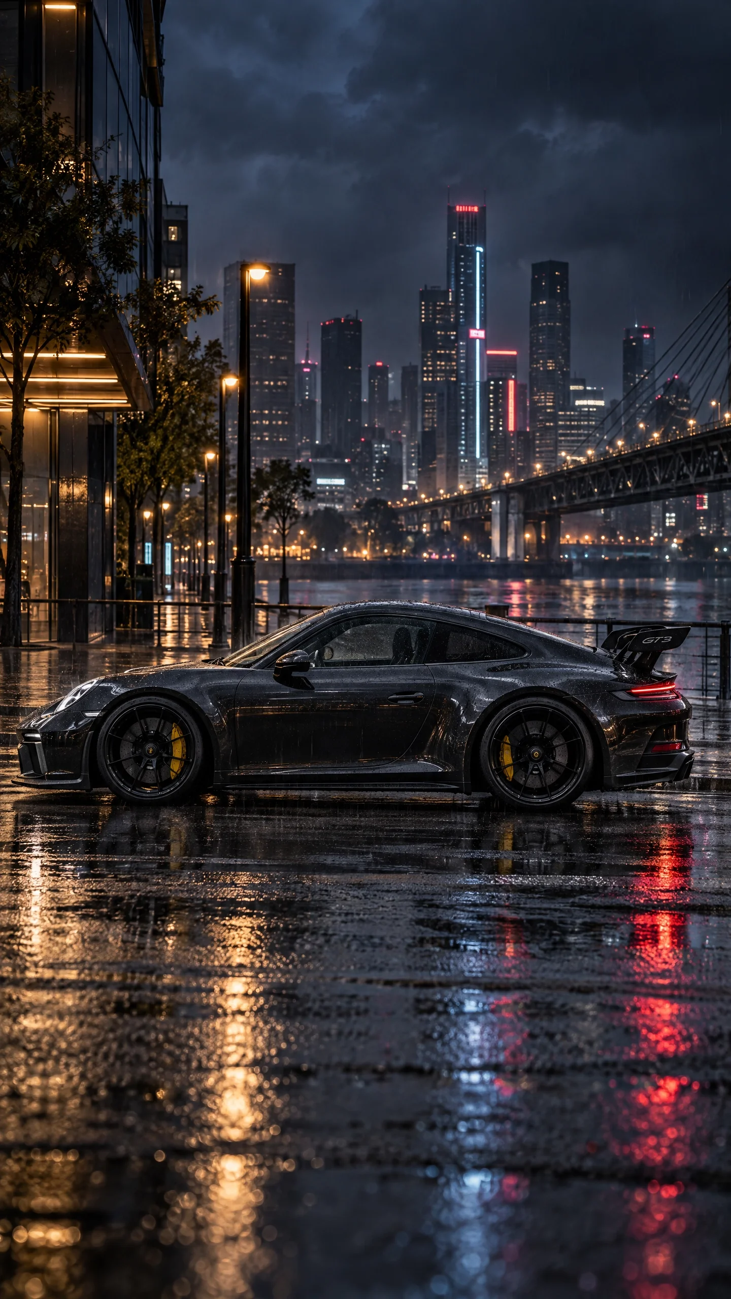 Black Porsche 911 GT3 Parked by Rainy City Waterfront at Night Black Porsche 911 GT3 parked on a rainy city street at night